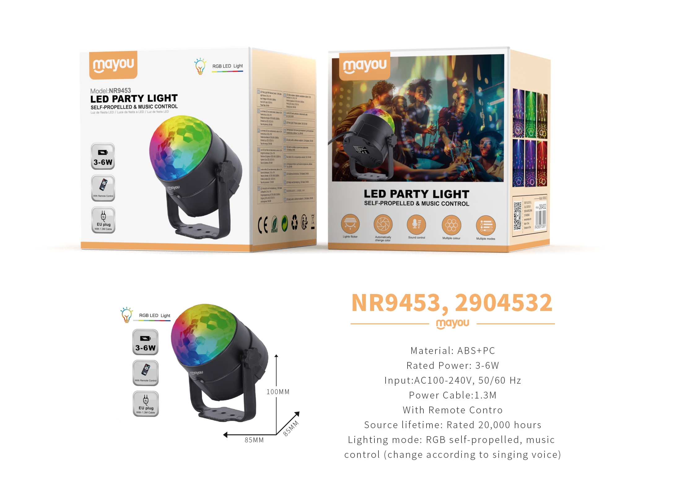 NR94253 NE Luces de Fiesta,  Luz LED RGB y Control de sonido, Incluye mando a distancia 3-6W, Con cable  1.35M, Negro