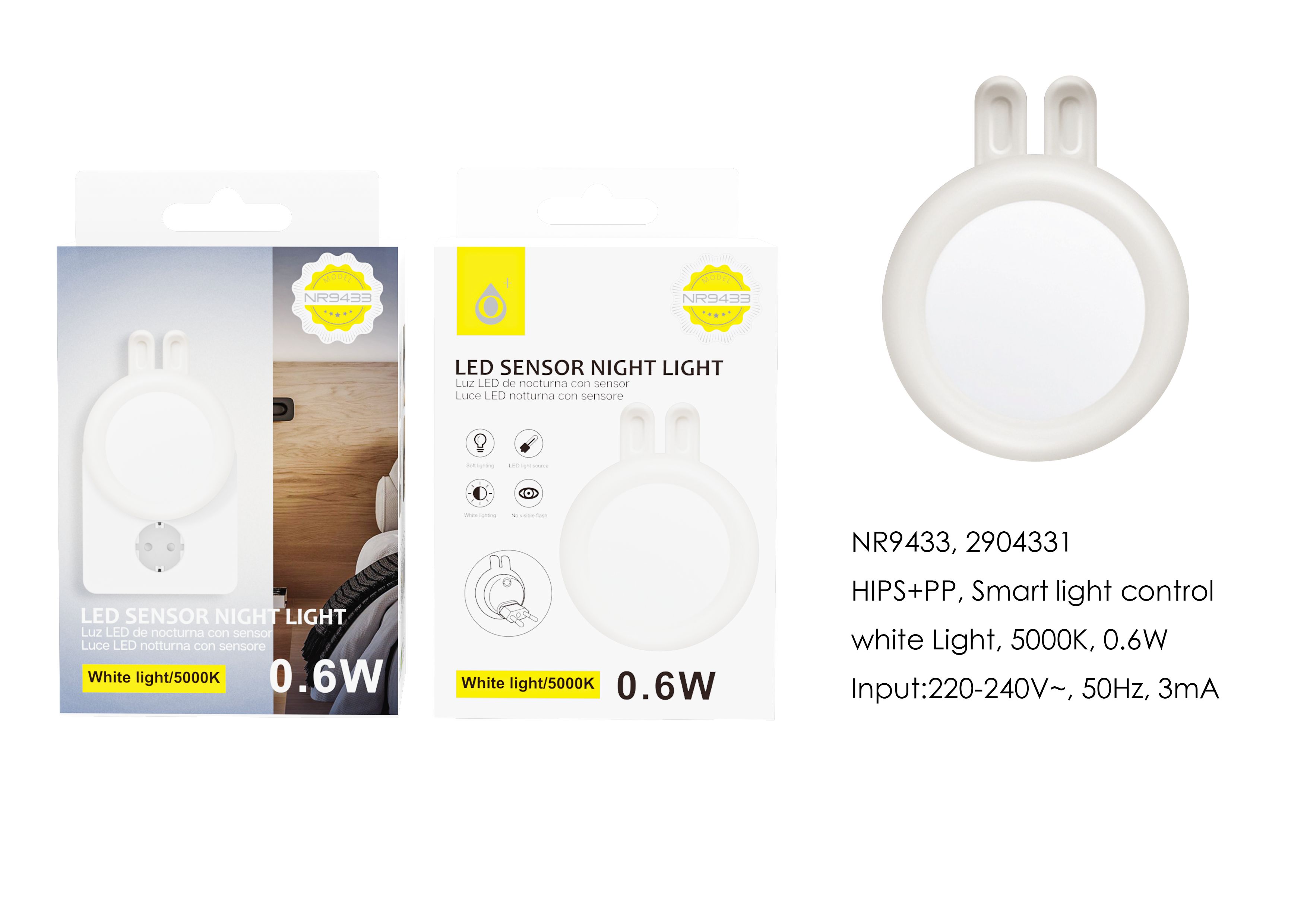 NR9433 BL Luz nocturna con sensor de LED, Luz Blanca 5000K, 0.6W, Blanco