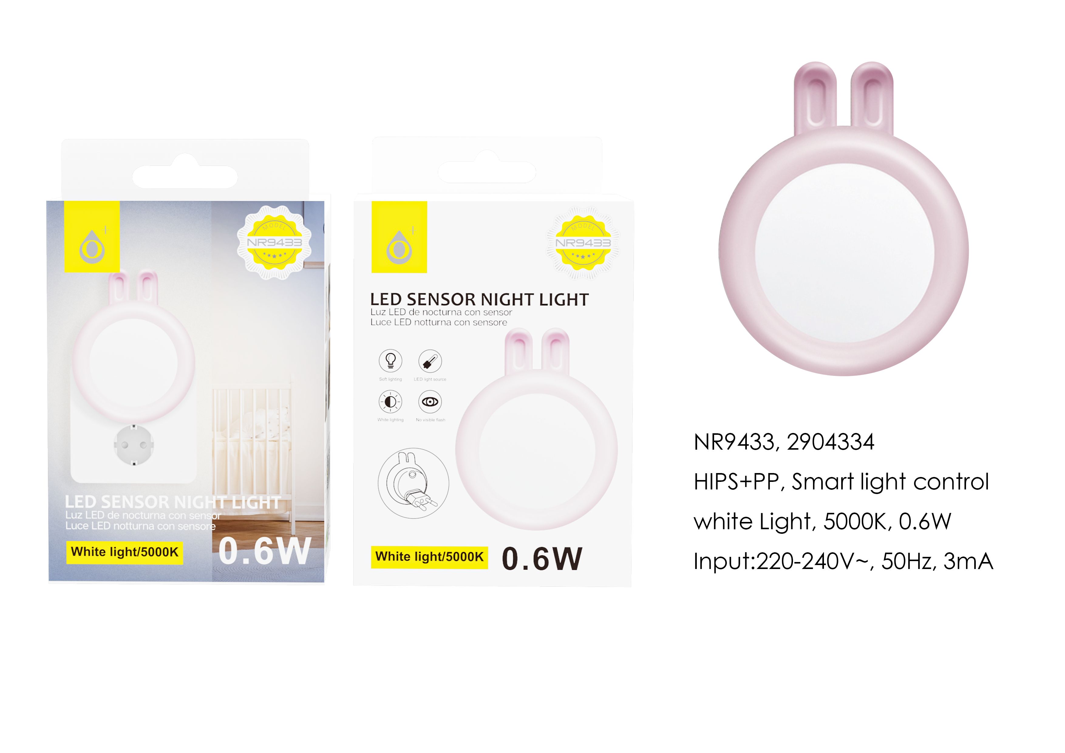 NR9433 RS Luz nocturna con sensor de LED, Luz Blanca 5000K, 0.6W, Rosa