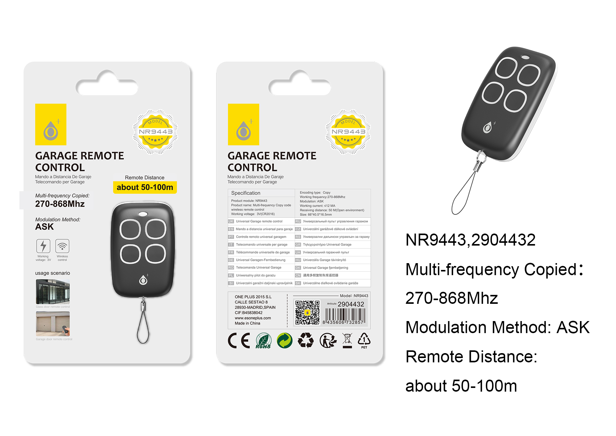 NR9443 NE Mando de Garaje Universal 4 Canales, Con frecuencia de 270-868MHz, Modulacion ASK, hasta 100 Metros de Distancia,Negro