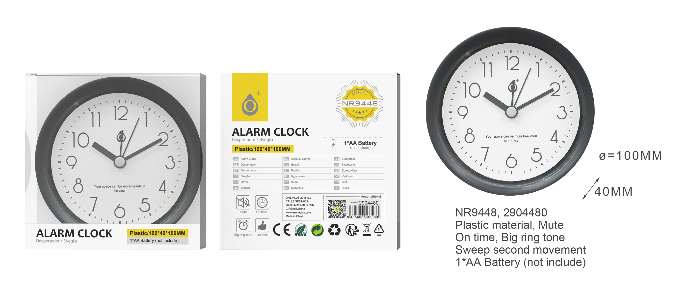 NR9448 GR Reloj con Despertador Sinlecioso Sin TIC TAC, Bateria 1*AA(No Incluido) , 100*40*100MM, Gr