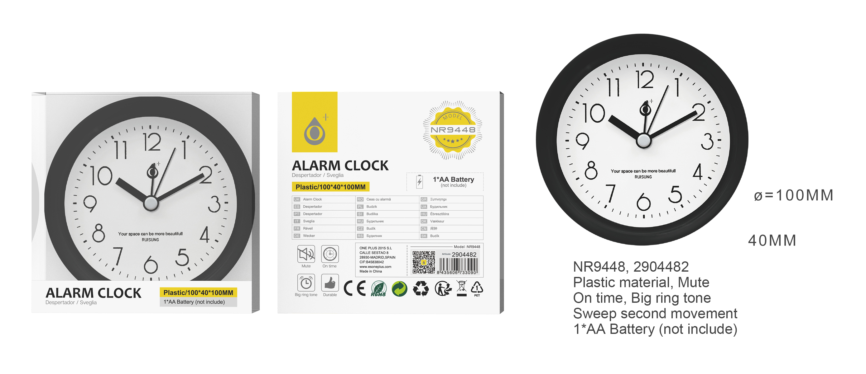 NR9448 NE Reloj con Despertador Sinlecioso Sin TIC TAC, Bateria 1*AA(No Incluido) , 100*40*100MM, Ne