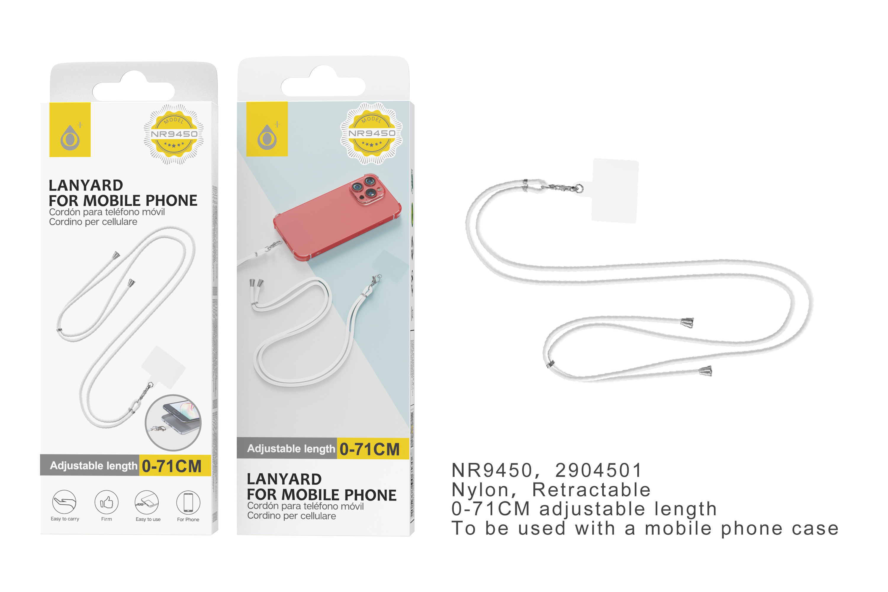 NR9450 BL Correa de Nylon retractil para Moviles, Longitud Ajustable hasta 0-71cm, Blanco