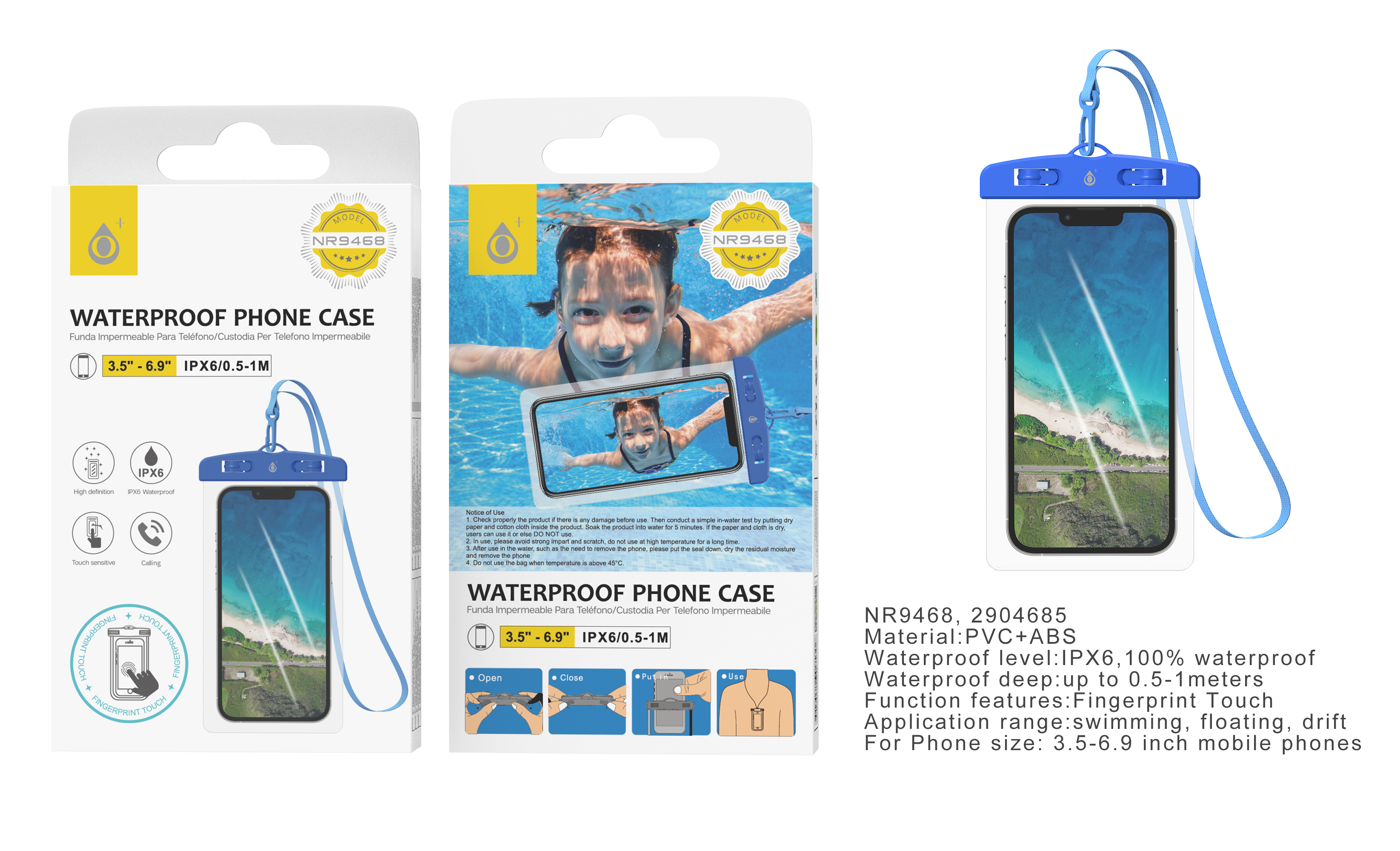 NR9468 AZ Funda impermeable con correa, Tactil para Movil 3.5-6.9 Pulgada, IPX6 Profundidad 0.5-1M, Azul