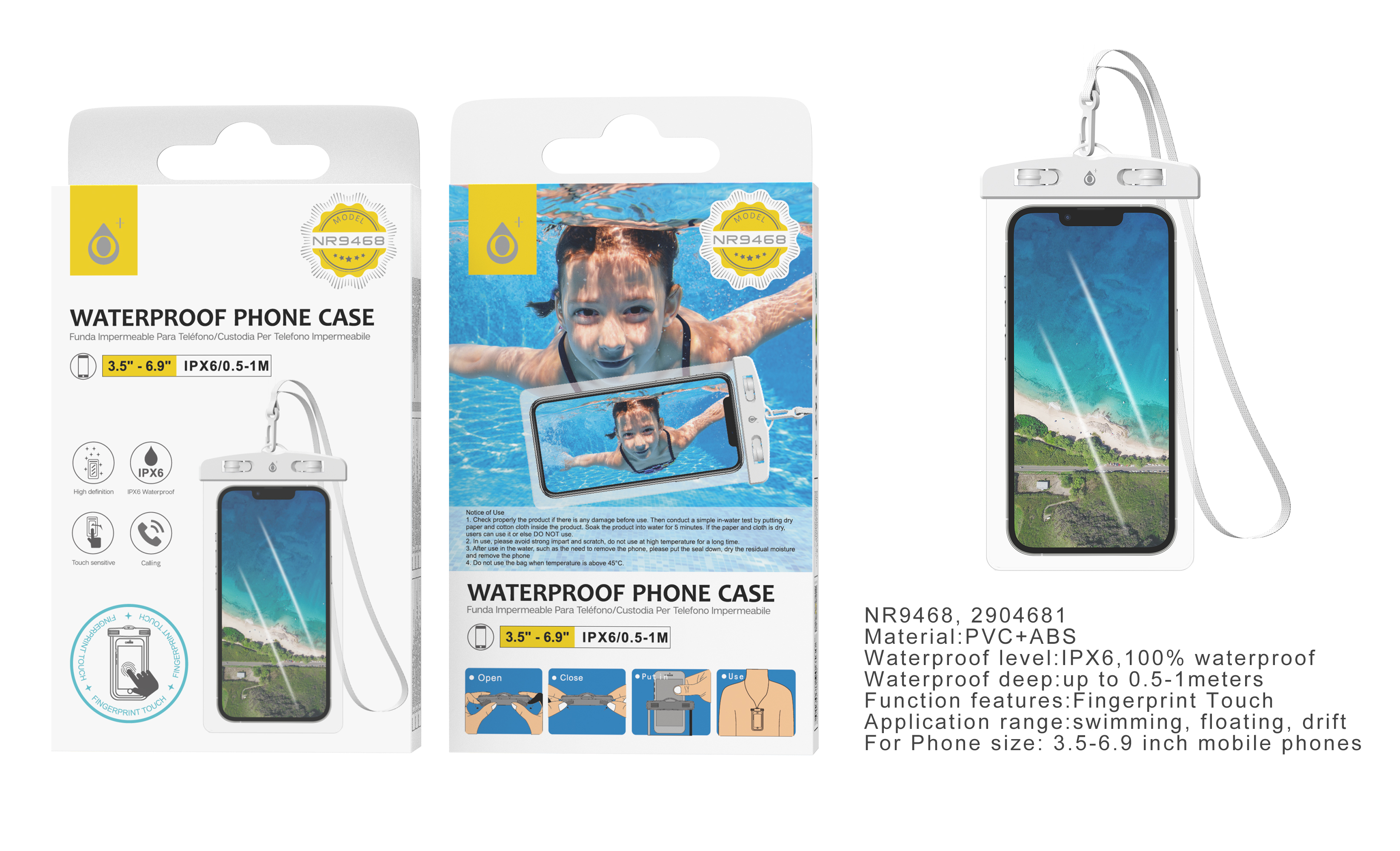 NR9468 BL Funda impermeable con correa, Tactil para Movil 3.5-6.9 Pulgada, IPX6 Profundidad 0.5-1M,  Blanco