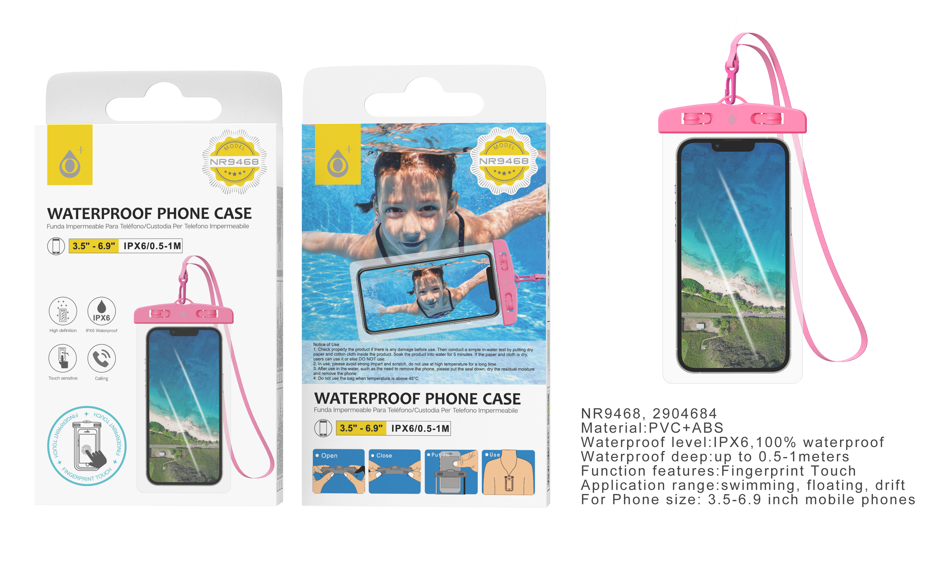 NR9468 RS Funda impermeable con correa, Tactil  para Movil 3.5-6.9 Pulgada, IPX6 Profundidad 0.5-1M, Rosa