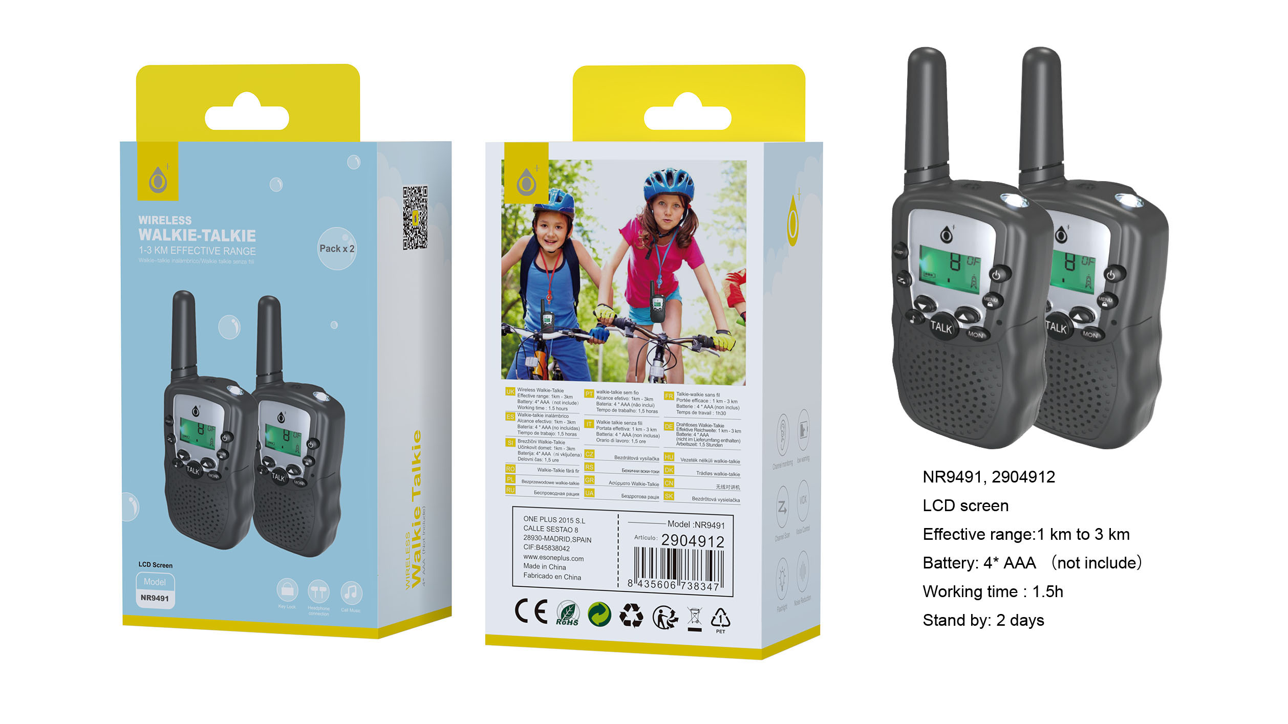 NR9491 NE Walkie Talkie para Ninos pack *2, Pantalla LCD, Con linterna, Distancia 1-3KM, Bateria AAA