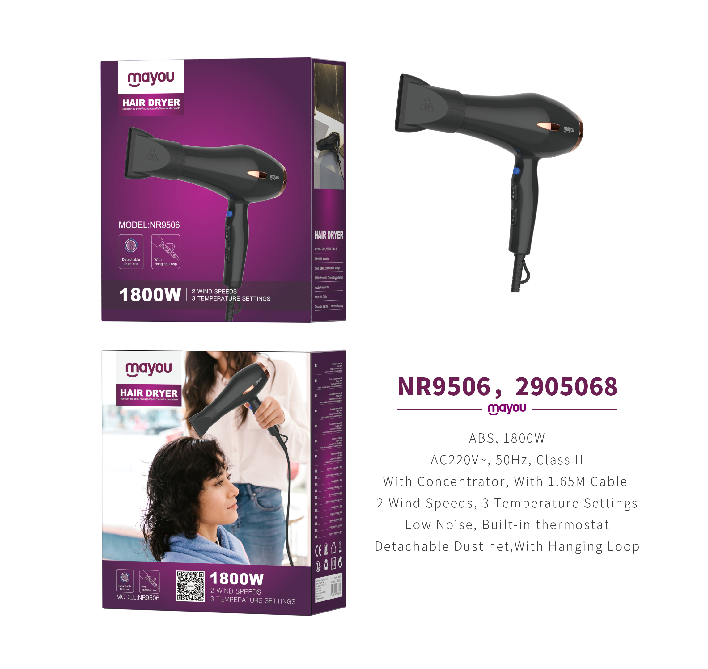 NR9506 NE+OR Secador de pelo con 2 velocidades£¬3 niveles temperatura, Cable 1.65m, 1800w, Negro+Oro