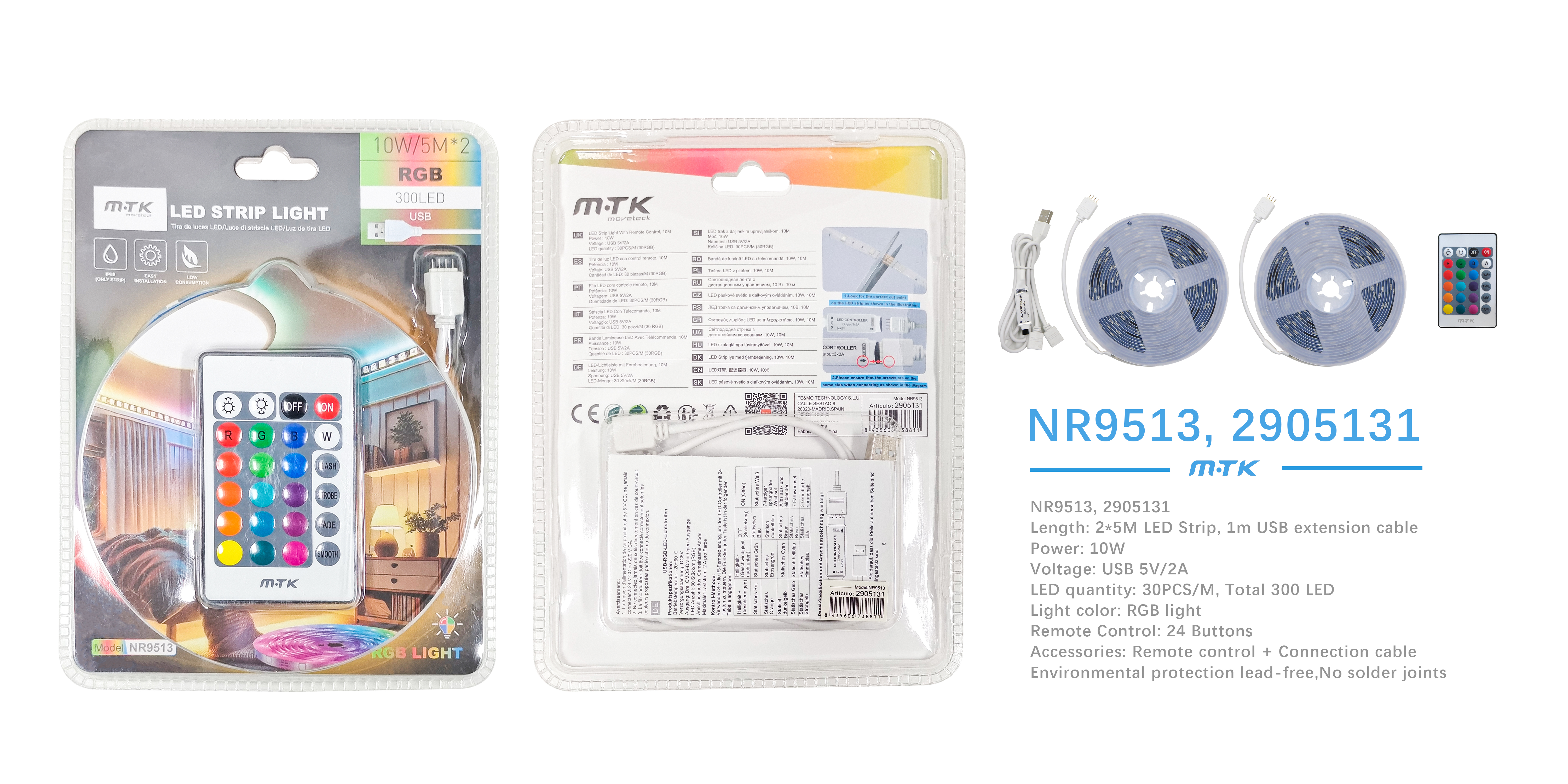 NR9513  Tira de Luces LED Regulable£¬Resistente al Agua£¨IP44£©£¬con control Remoto 24 Color£¬5V 1A£