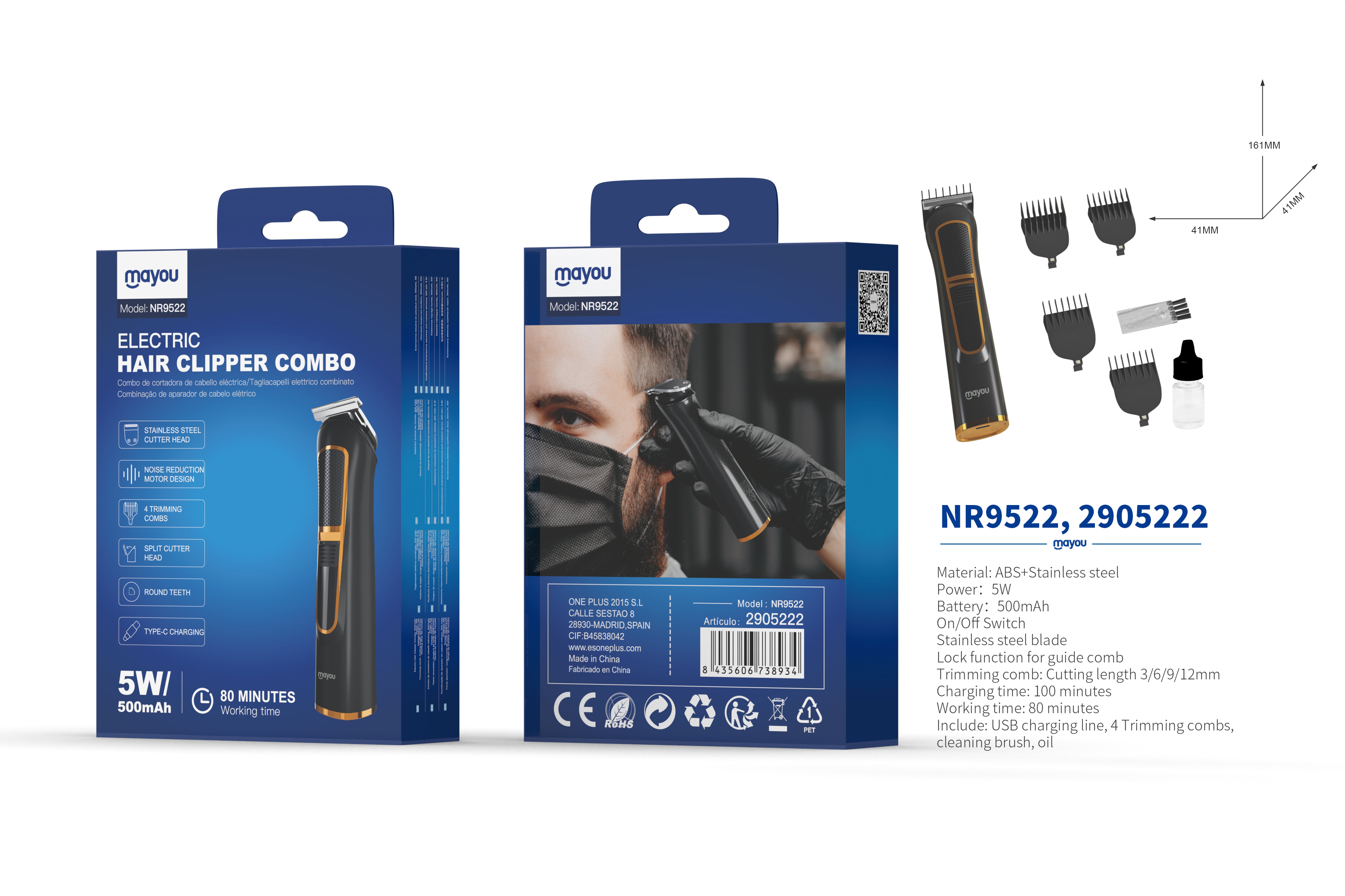 NR9522 NE Maquina Cortarpelo con 4 peines( incluye  kit de limpieza y un peine £©,Bateria 500mAh/5W£