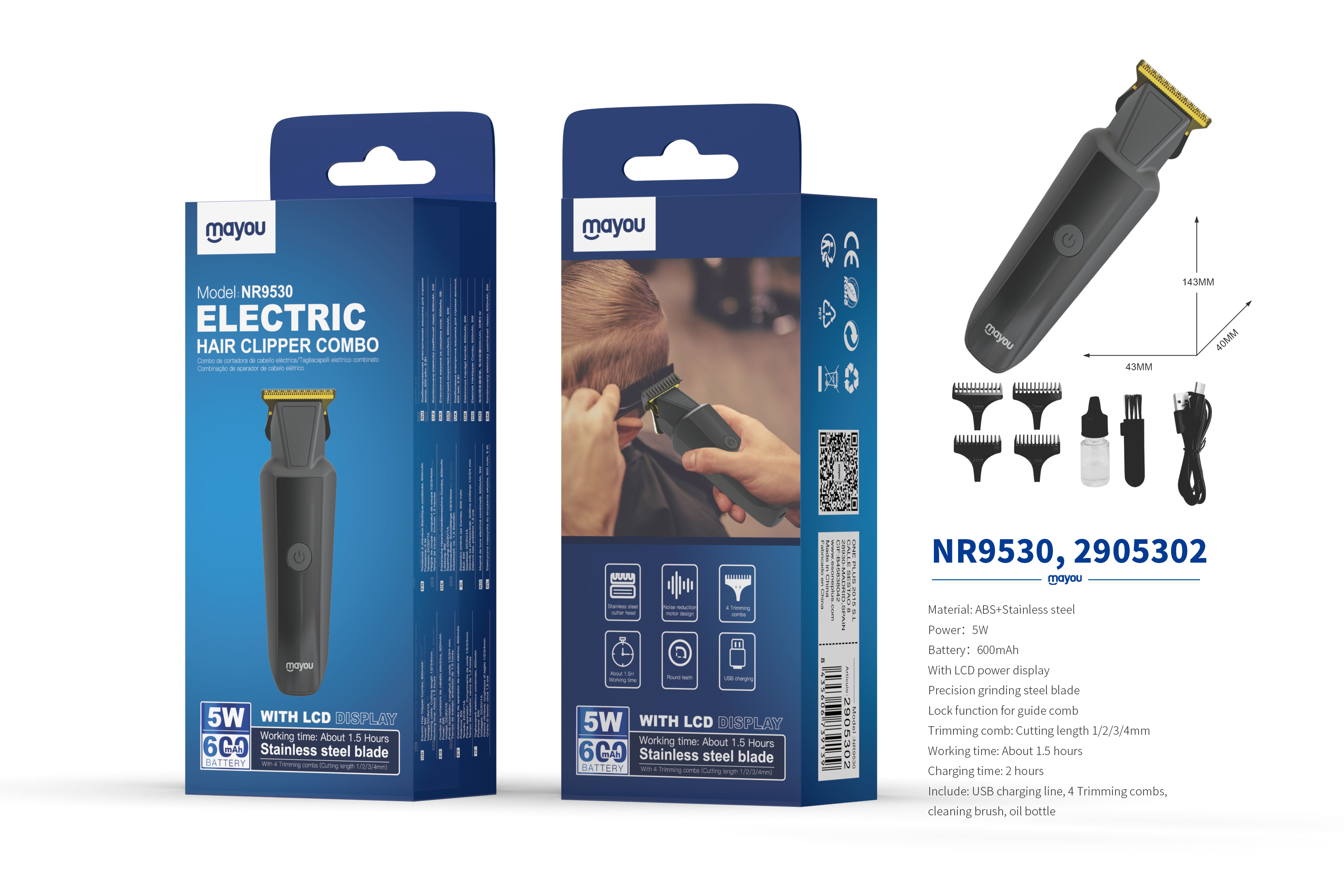 NR9530 NE Maquina Cortarpelo con 4 peines( incluye  kit de limpieza y un peine £©,Bateria 600mAh/5W£