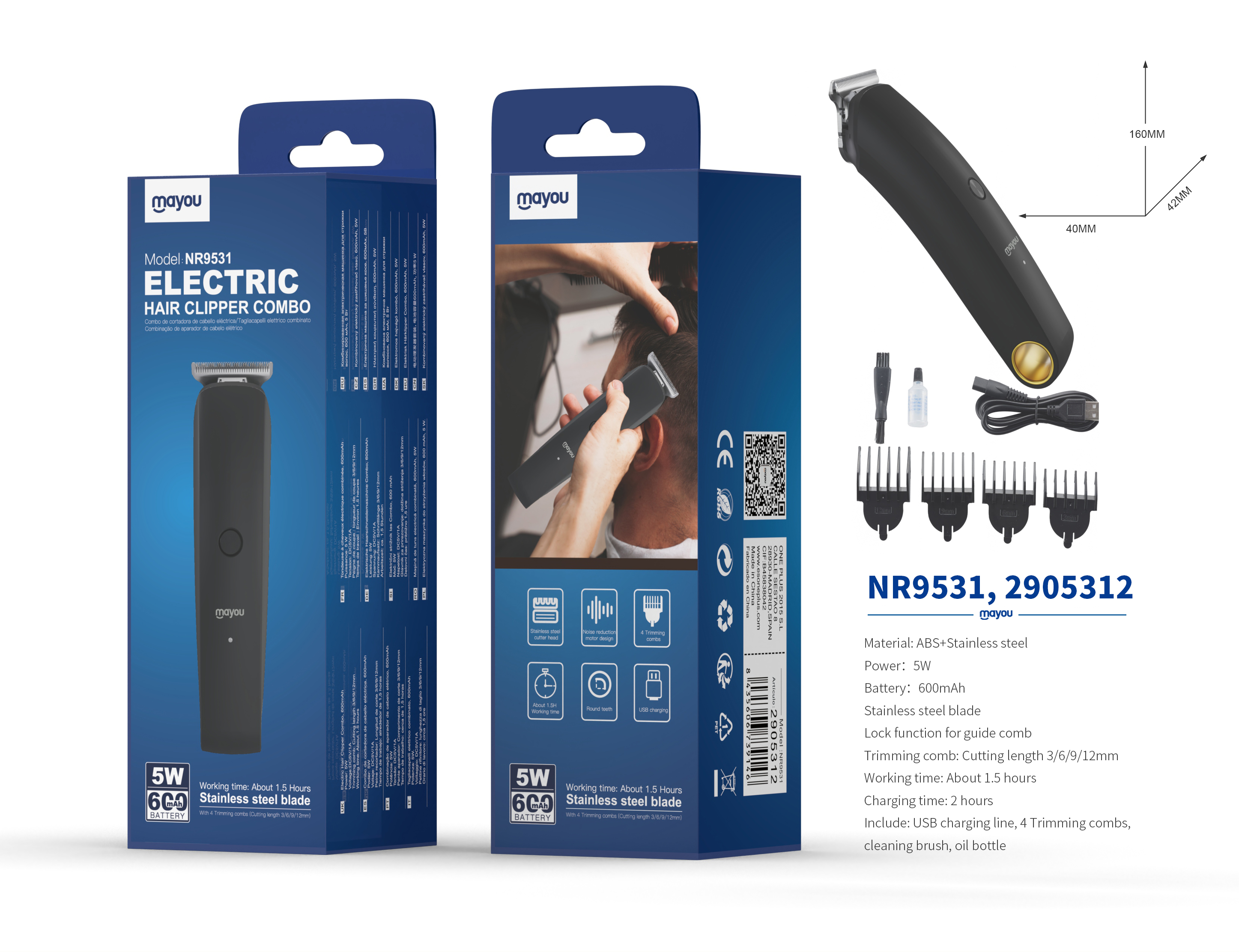 NR9531 NE Maquina Cortarpelo con 4 peines( incluye  kit de limpieza y un peine £©,Bateria 600mAh/5W£