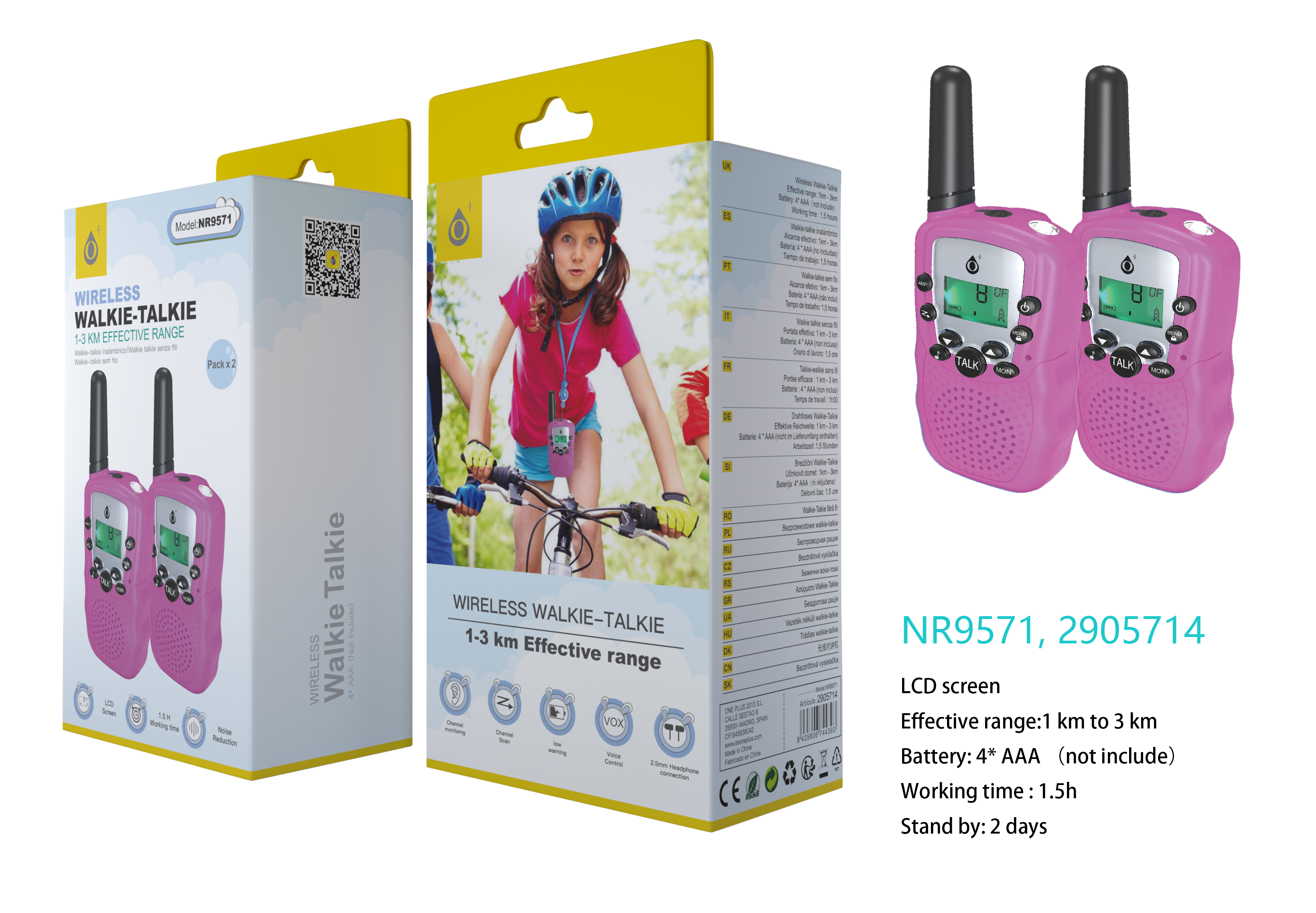 NR9571 RS Walkie Talkie para Ninos pack *2, Pantalla LCD, Con linterna, Distancia hasta 3KM, Bateria AAAx4(No incluido), Rosa