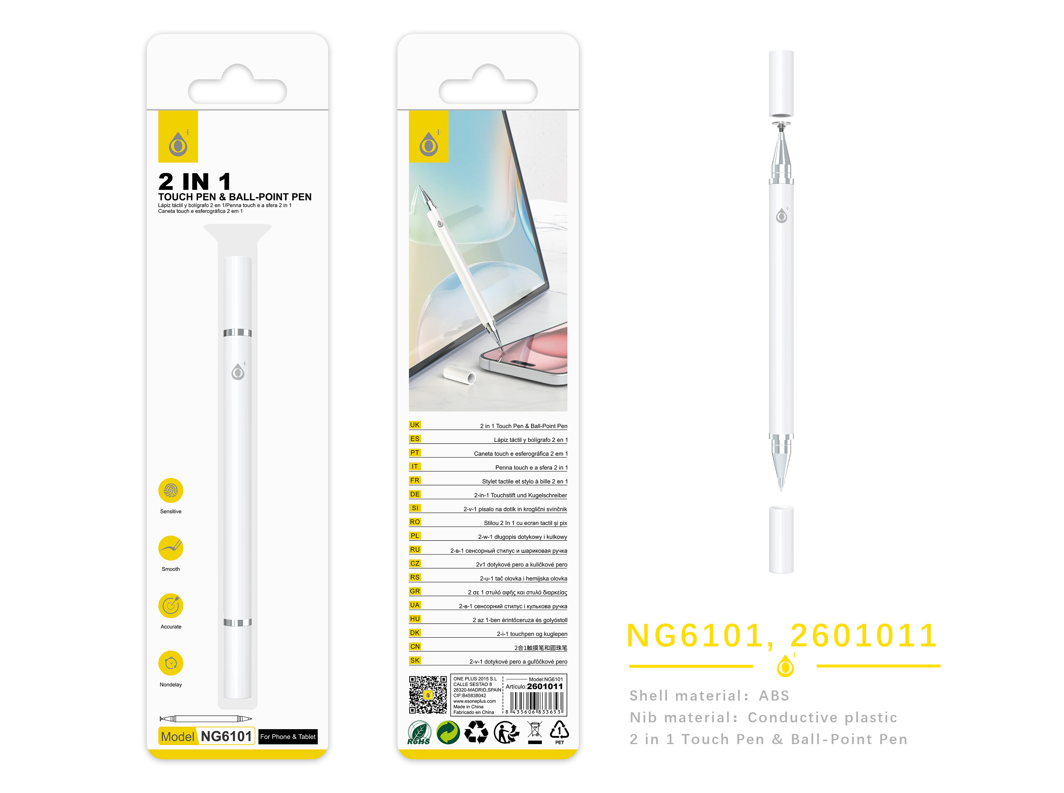NR96101 BL Lapiz 2 en 1 puntero+boligrafo, Blanco