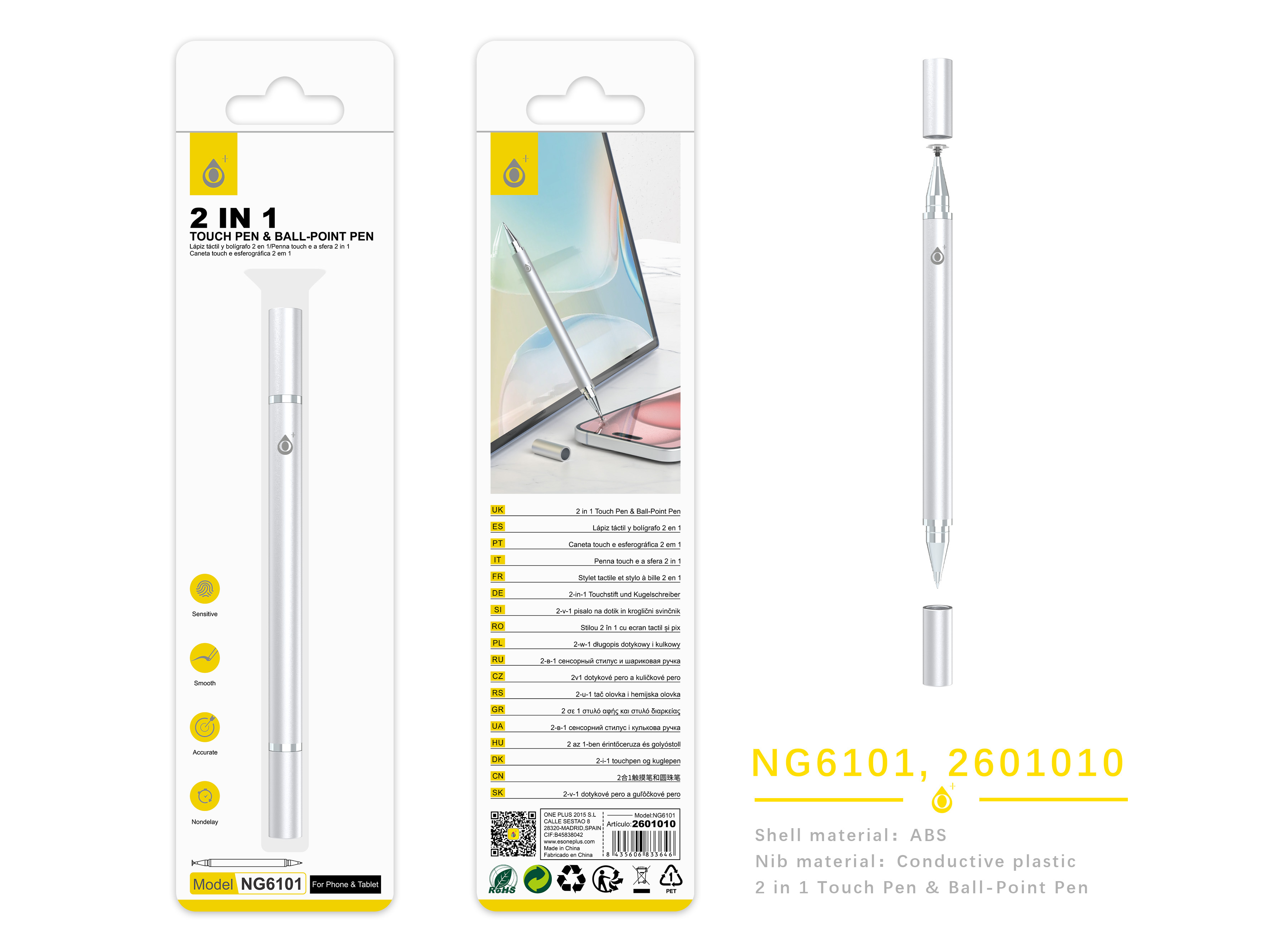 NR96101 GR Lapiz 2 en 1 puntero+boligrafo, Gris