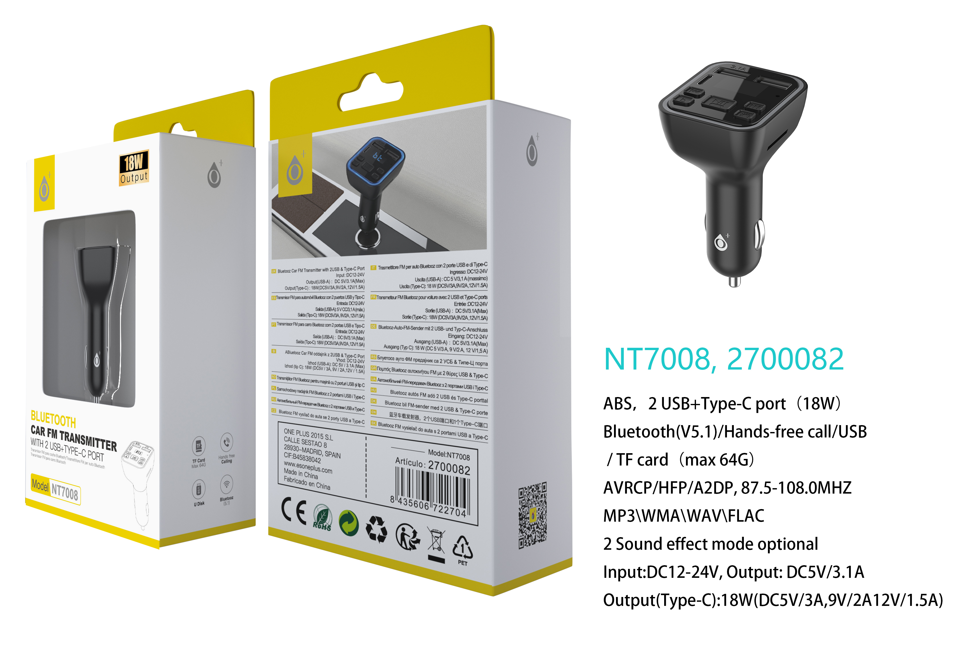 NT7008 NE Transmisor Fm con 2 USB+1 PD  , Bluetooth 5.1 y Boton Multifuncional ,Con Manos Libres/US