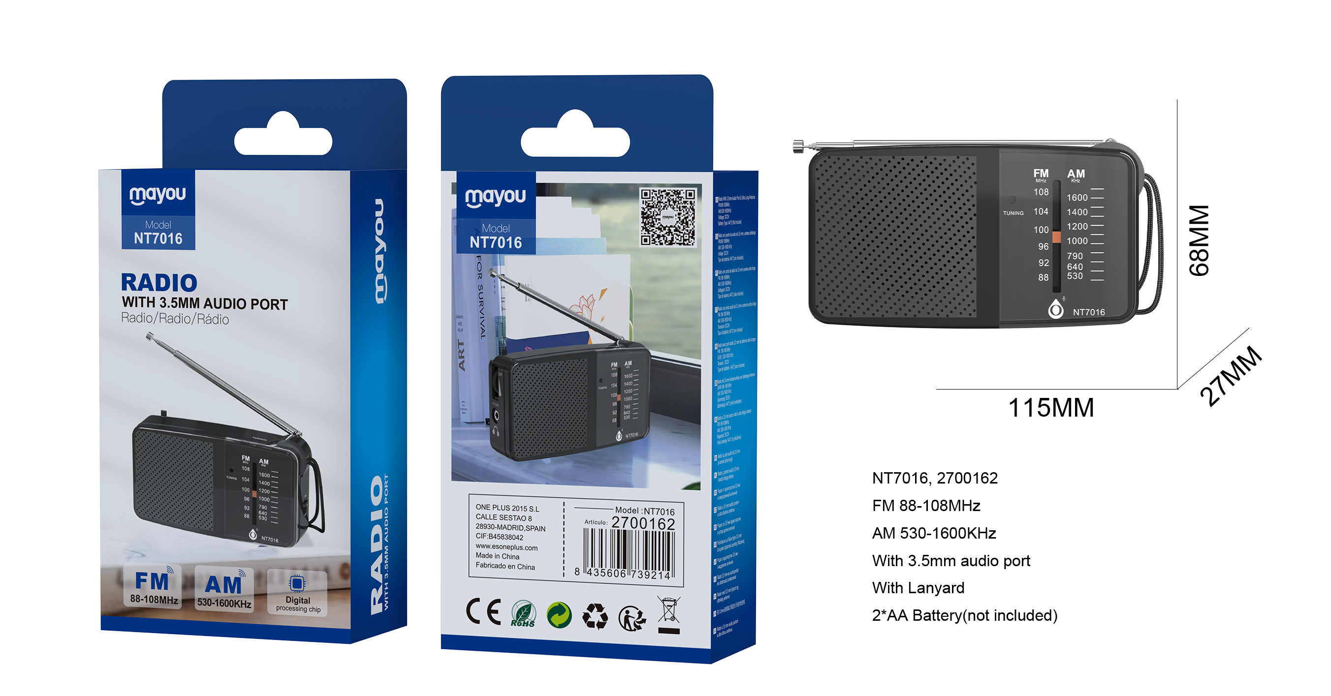 NT7016 NE Radio portatil AM/FM con Antena y correa , Entrada de jack 3.5mm, Bateria 2*AA (No incluid