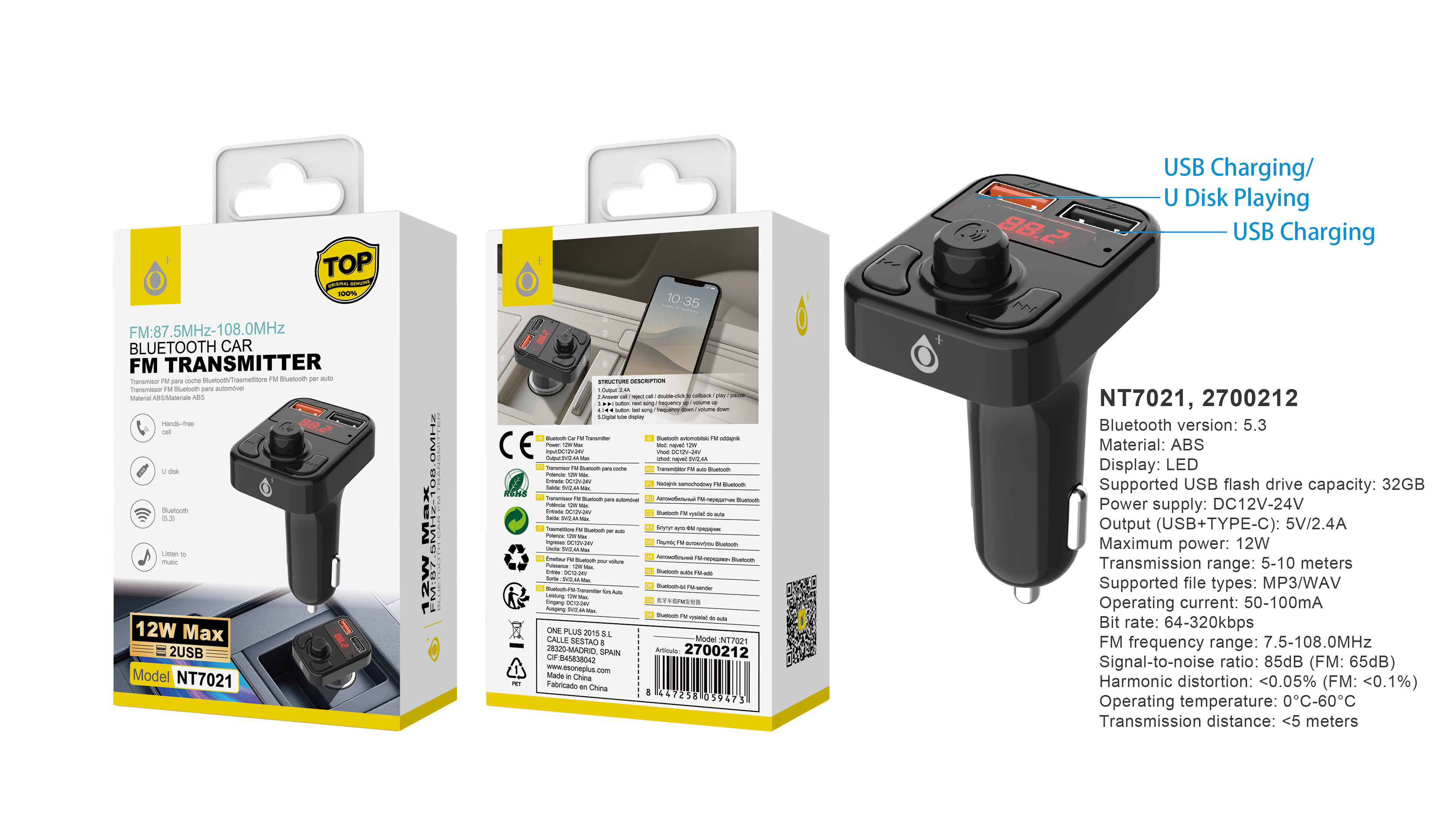 NT7021 NE Transmisor Blutooth 5.3 De FM Con Microfono Y Pantalla LED, BTS/2 USB 2.4A Max, Negro