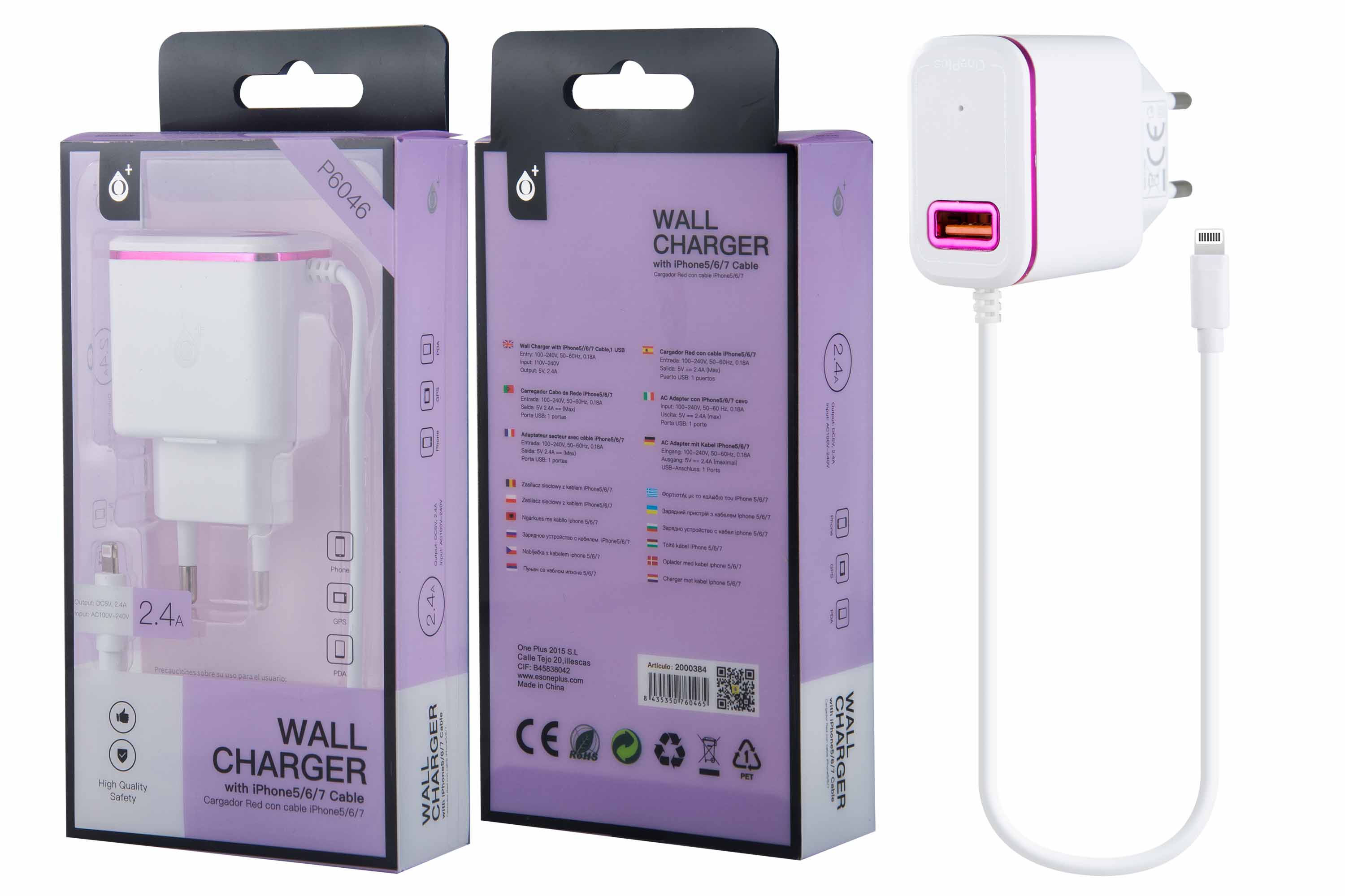 P6046 RS Cargador Red Domo para Iphone 5/6/7 con 1 USB, 2,4A Blanco y Rosa