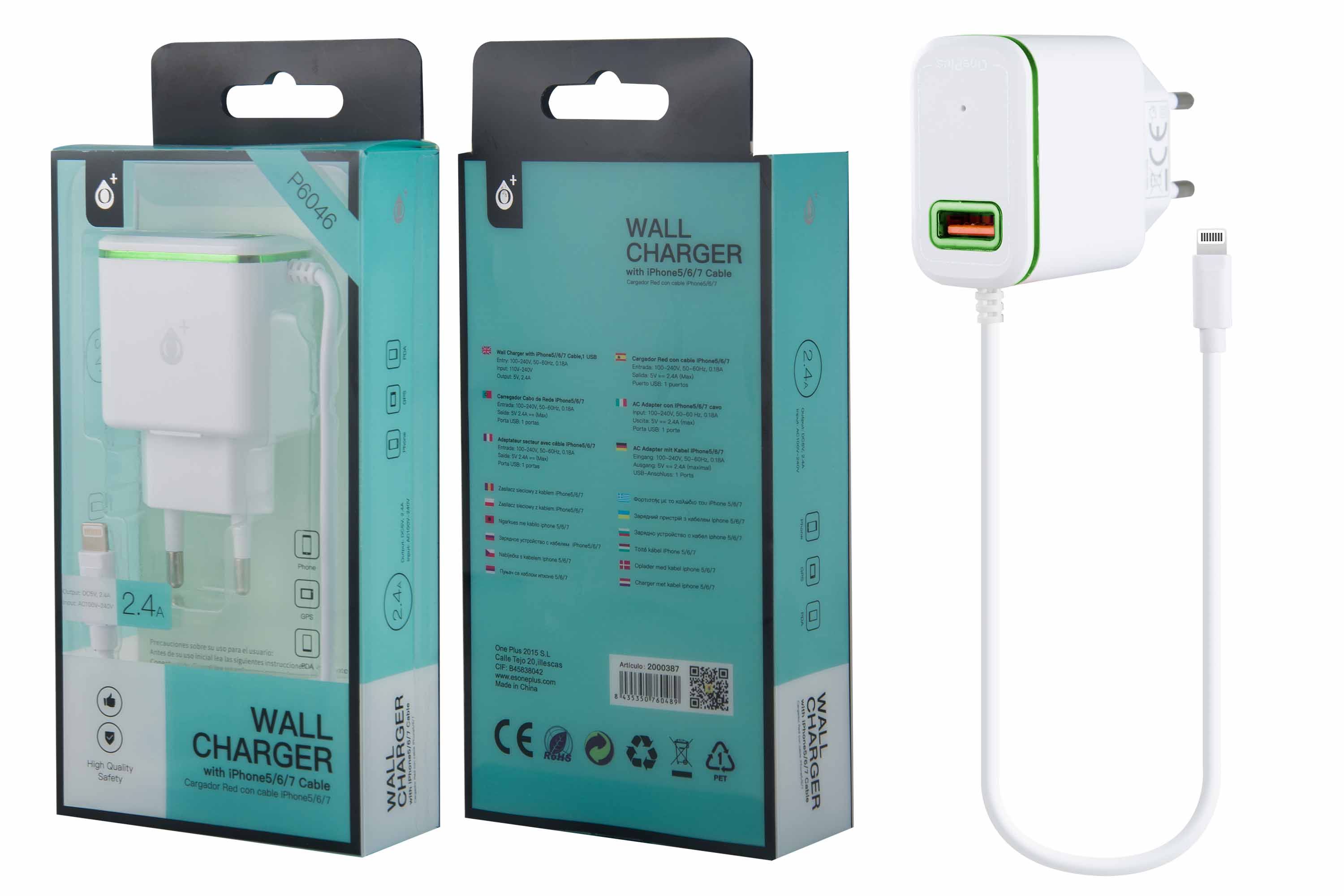 P6046 VE Cargador Red Domo para Iphone 5/6/7 con 1 USB, 2,4A Blanco y Verde