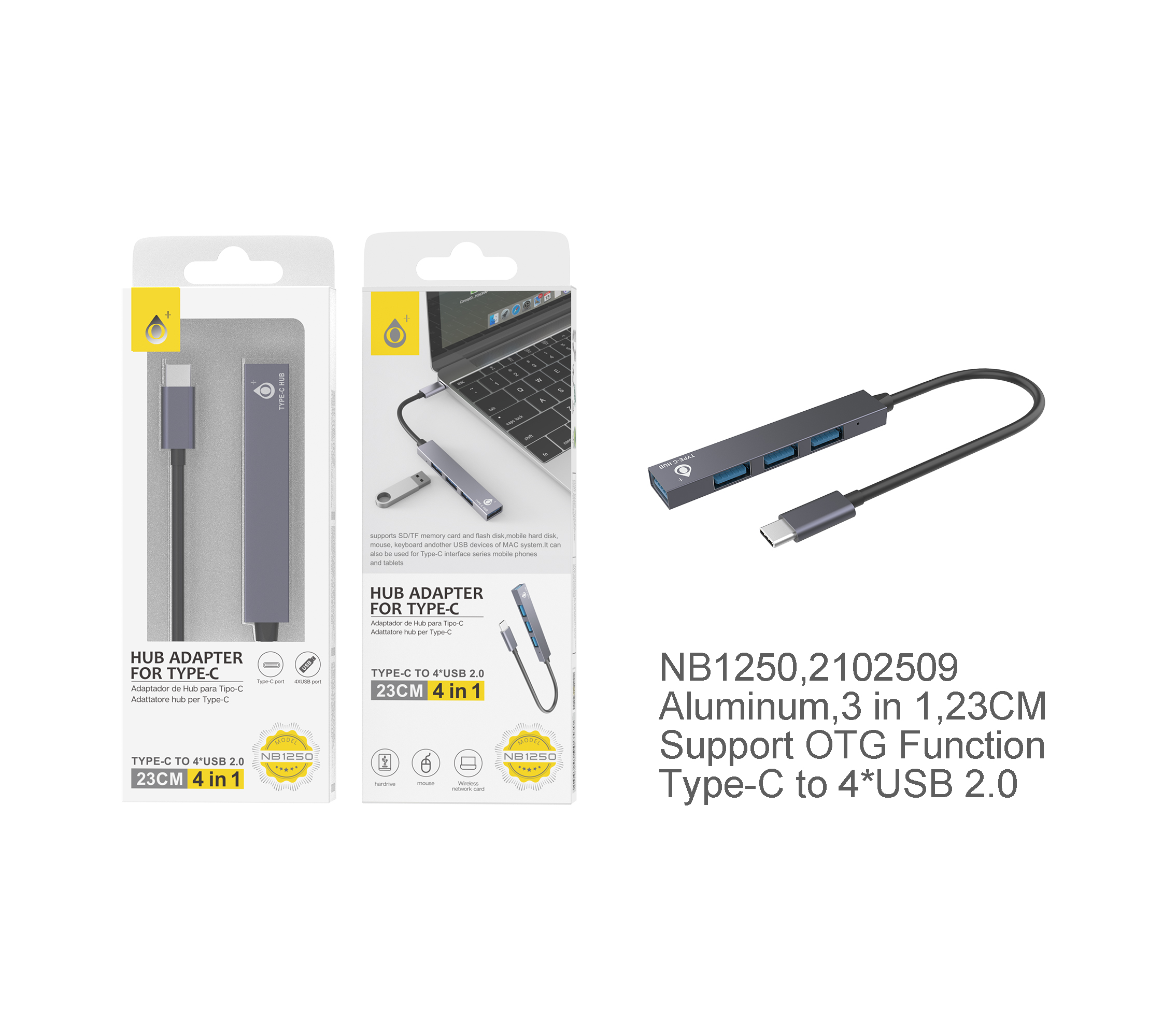 PL NB1250 USB Hub de Type C a 4 USB 2.0, Longitud Cable 23cm, Plata
