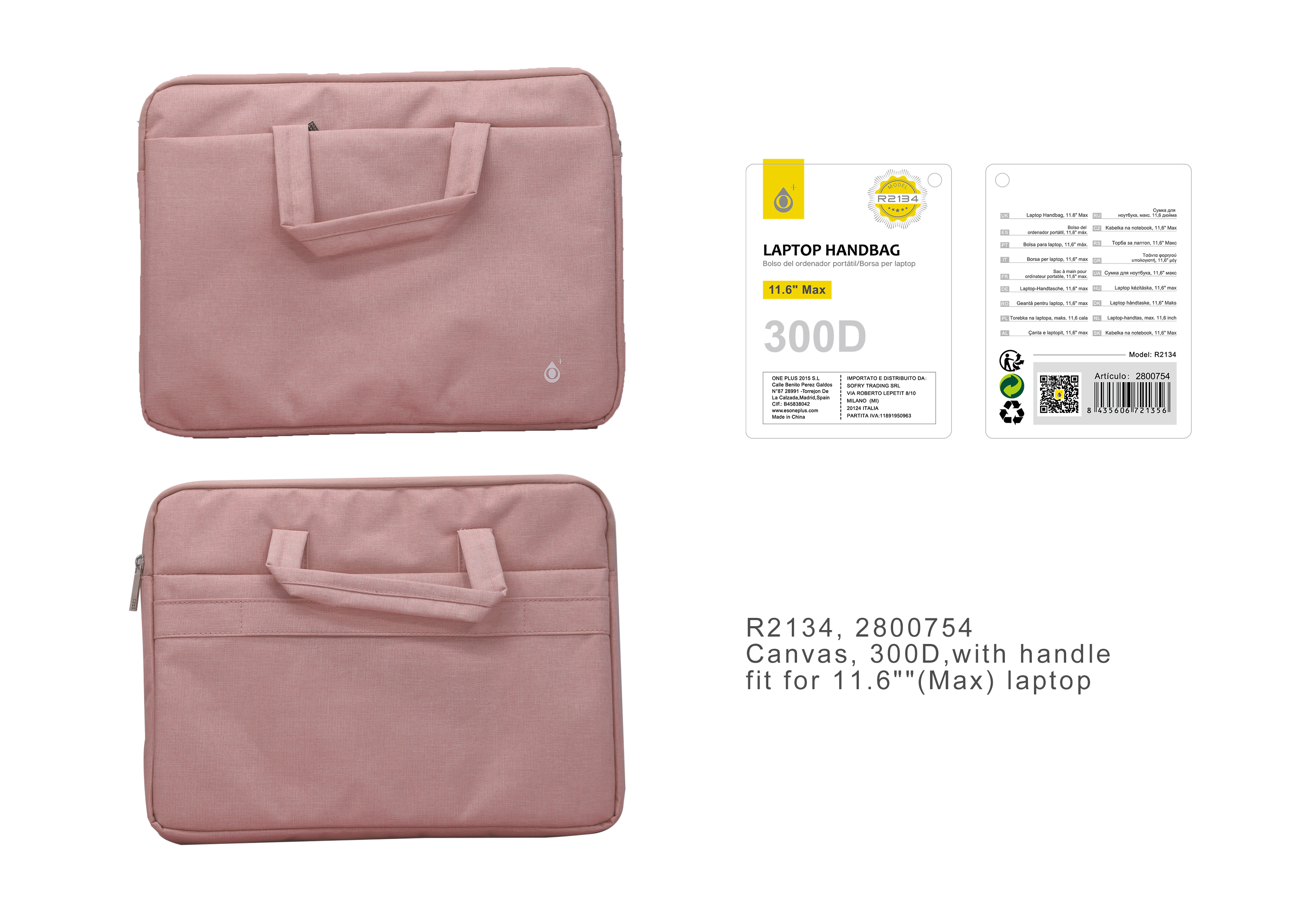 R2134 RS Maletin de lona con mango repelente al agua para portatil hasta 11.6 pulgadas,Rosa