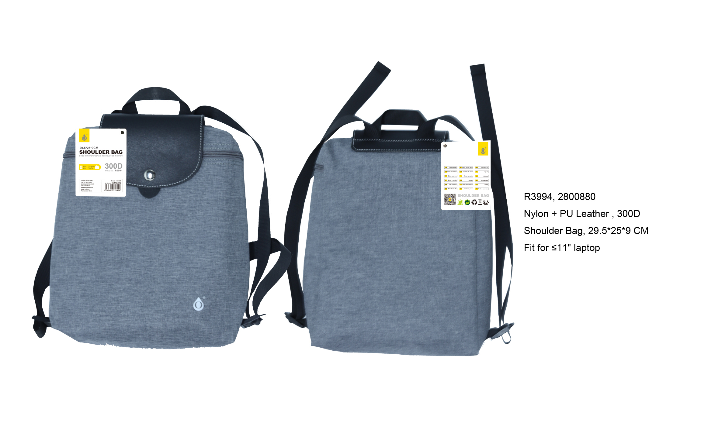 R3994 GR Mochila Nylon+PU, Repelente al agua, Para Portatiles de 11" Max, Gris