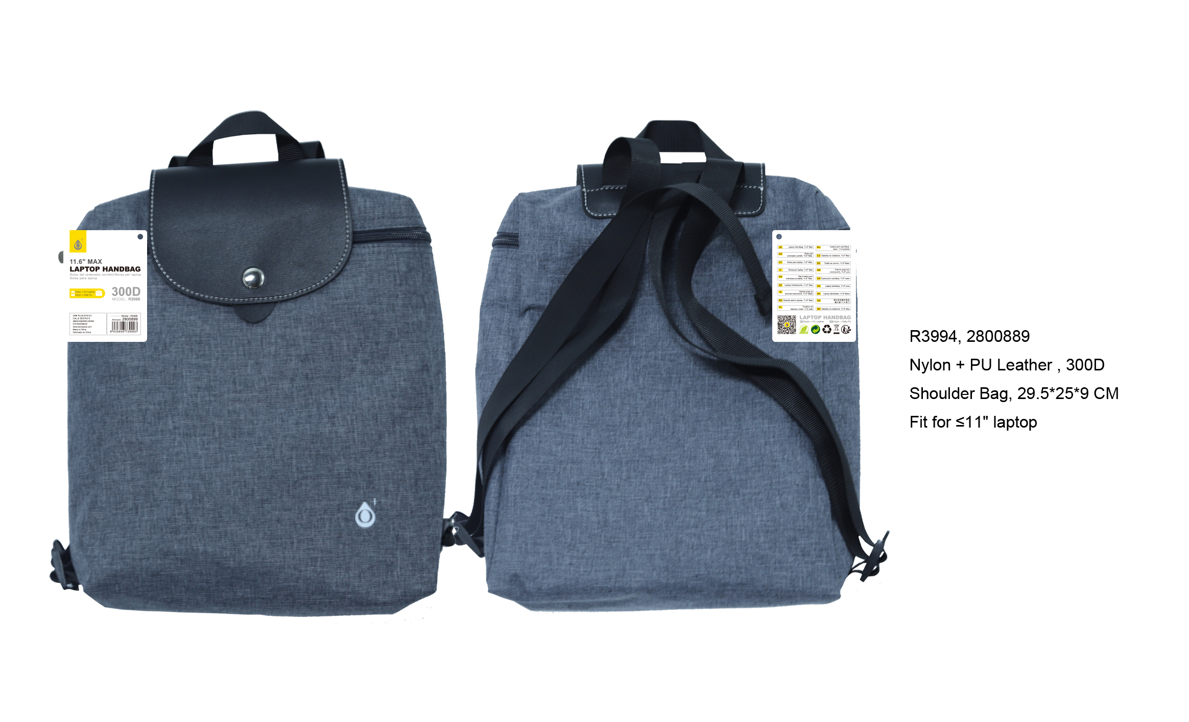 R3994 GR Mochila Nylon+PU, Repelente al agua, Para Portatiles de 11" Max, GrisOscuro