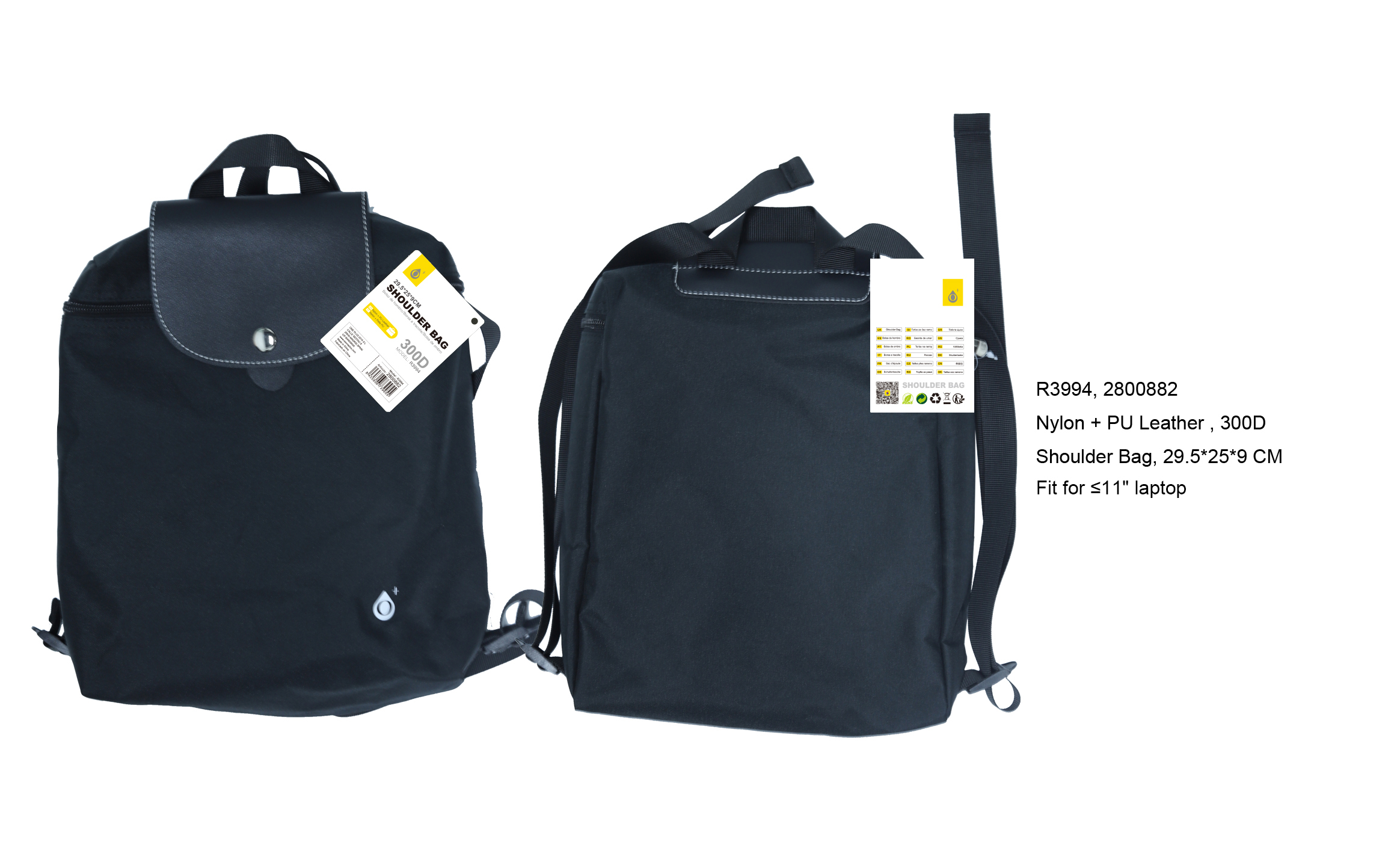 R3994 NE Mochila Nylon+PU, Repelente al agua, Para Portatiles de 11" Max, Negro