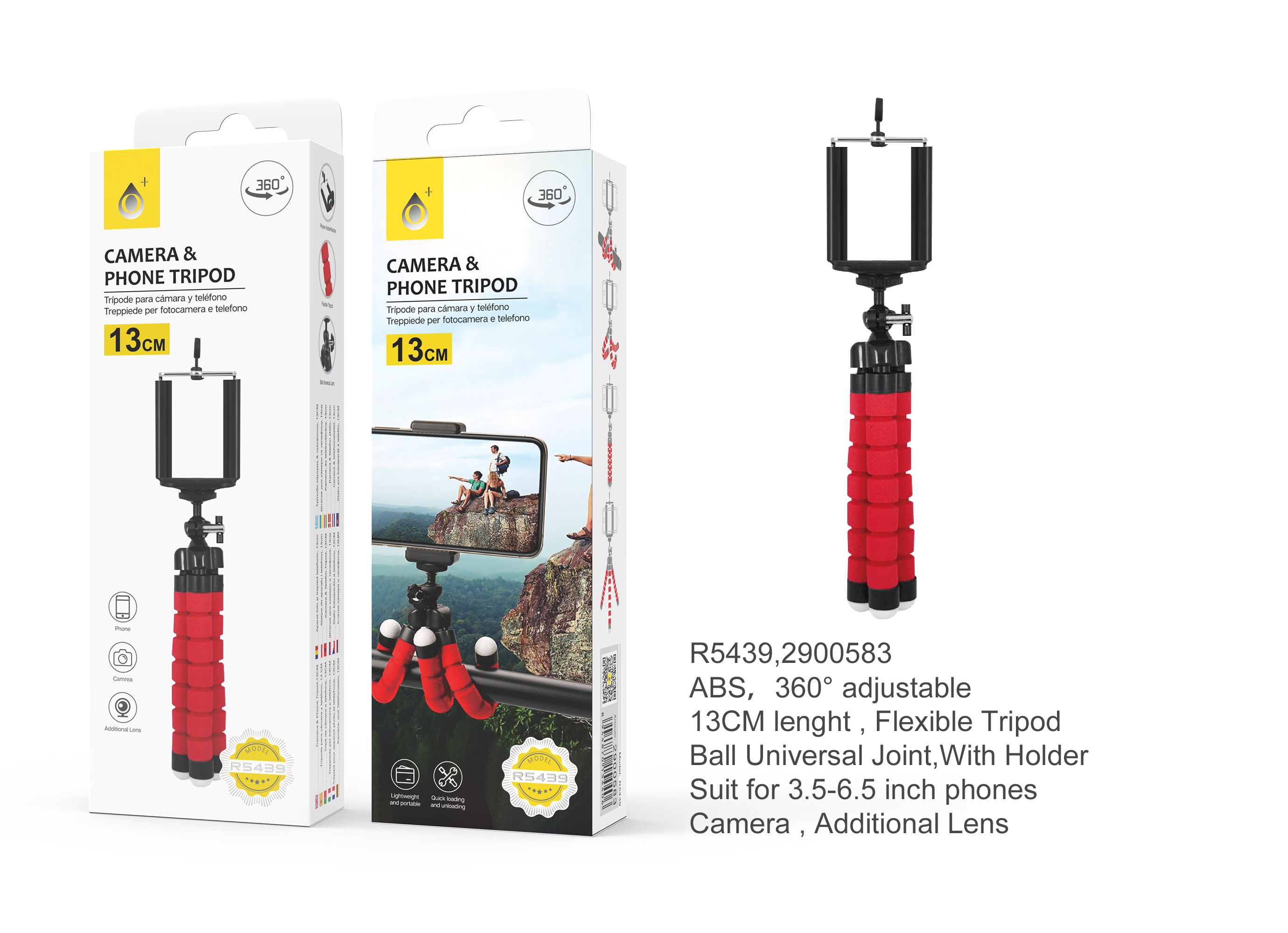 R5439 RJ Palo Selfie Tripode flexible 360° , 13cm ,Rojo