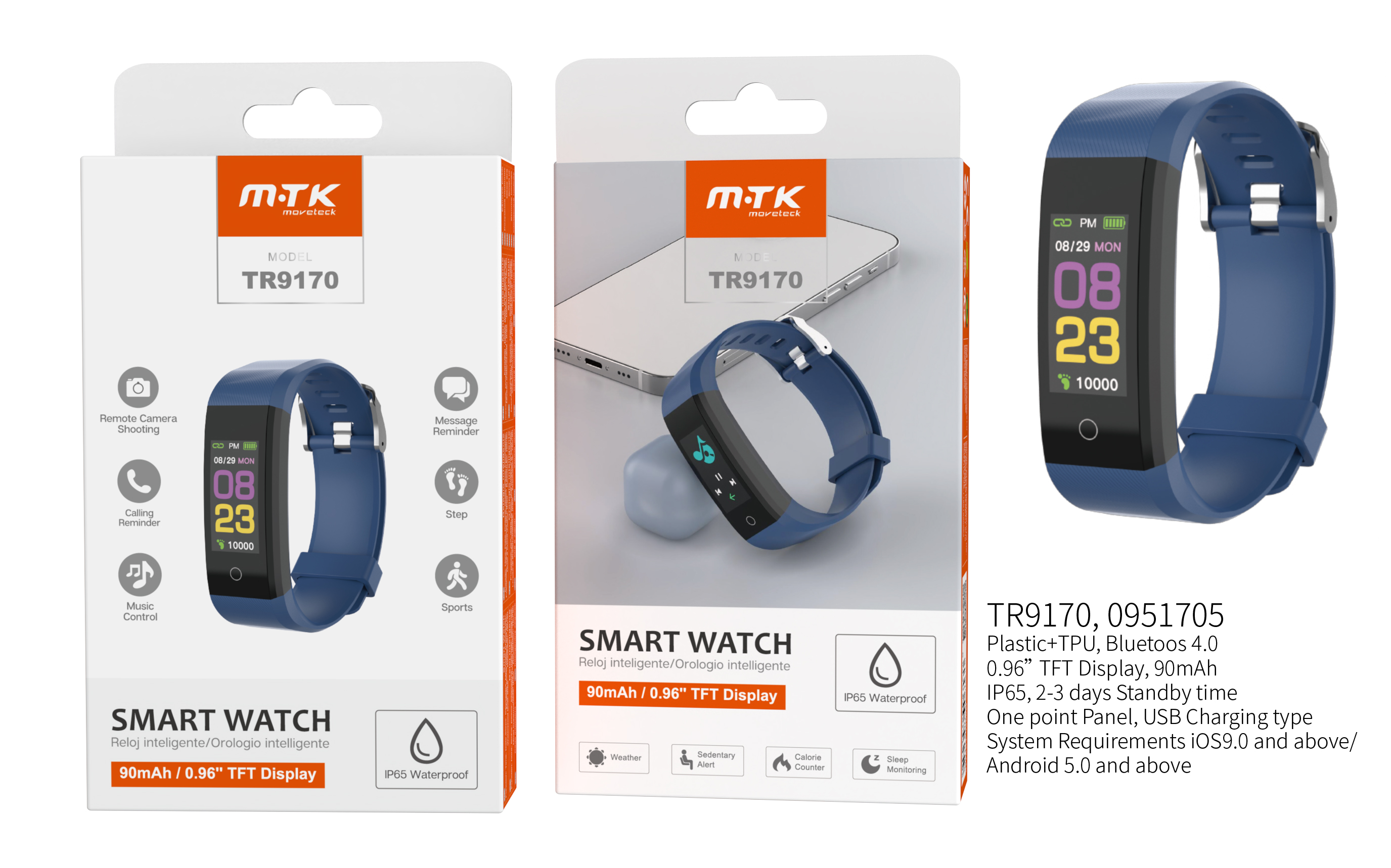 RT9170 AZ Pulsera de actividad Smart Watch Impermeable IP65, bateria 90mA ,Para Andriod y IOS,Azul