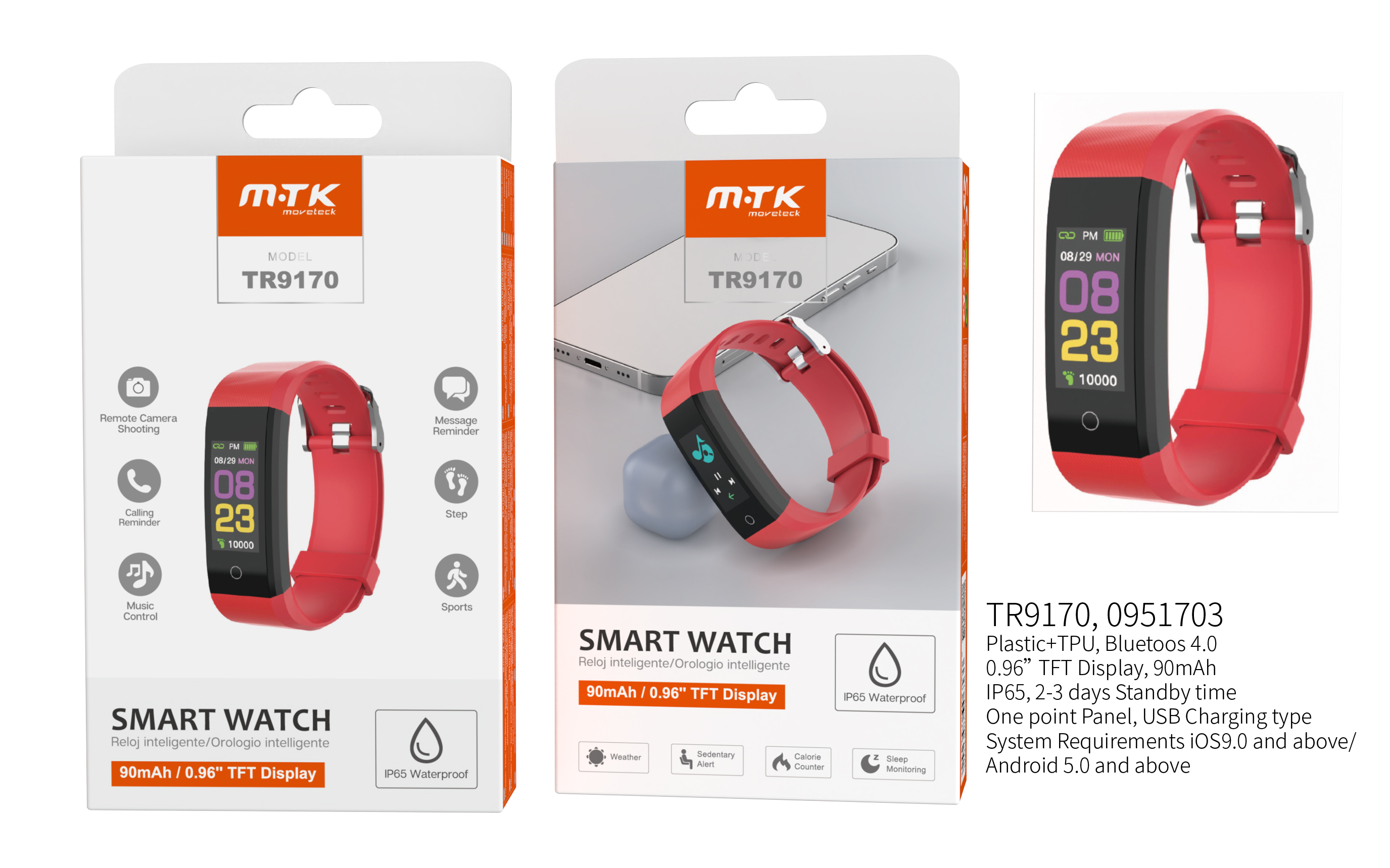 RT9170 RJ Pulsera de actividad Smart Watch Impermeable IP65, bateria 90mA ,Para Andriod y IOS,Rojo