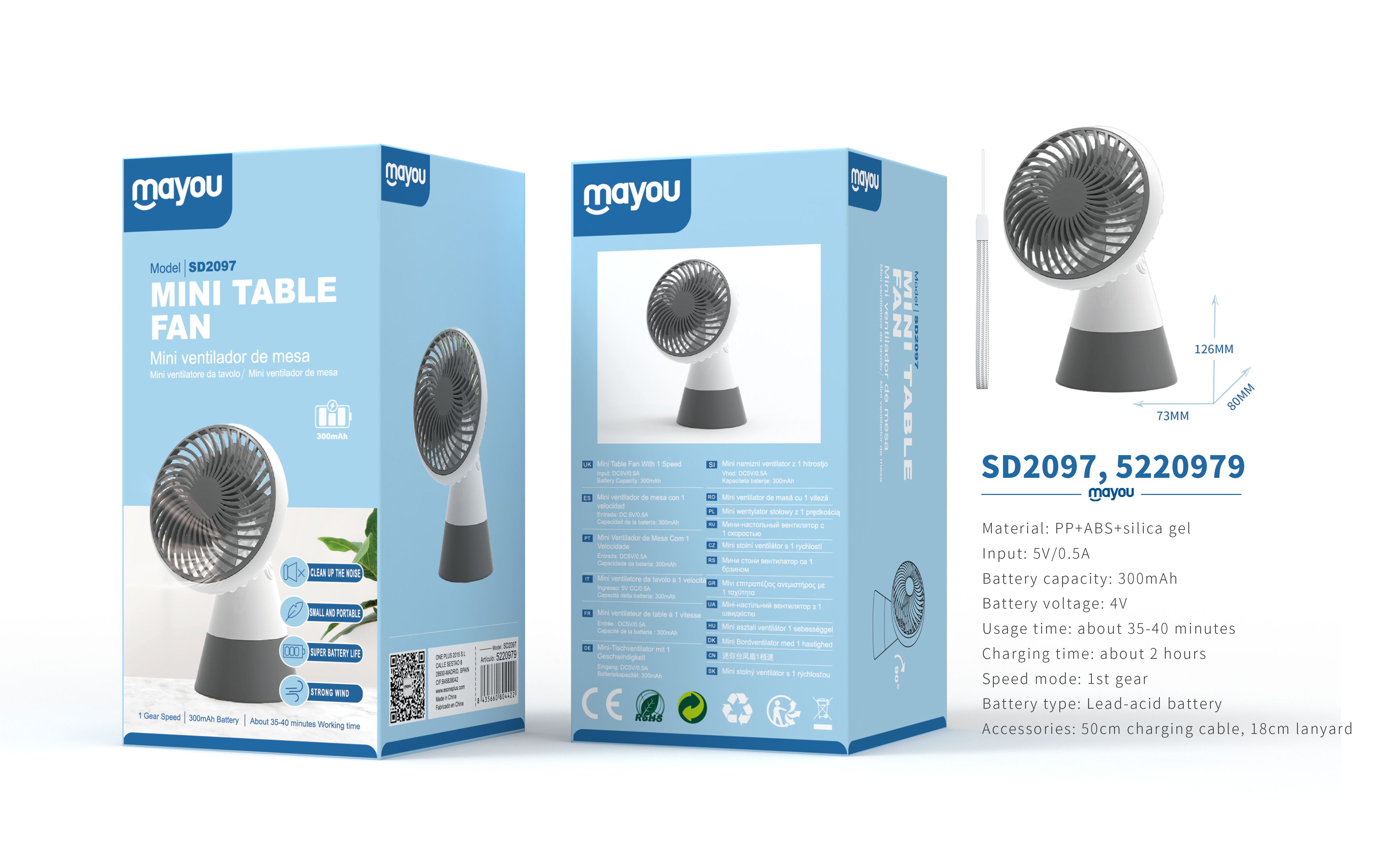 SD2097 Mini Ventilador de mesa con correa, 1 Velocidad, baterias recargable de plomo acido 300mAh, G