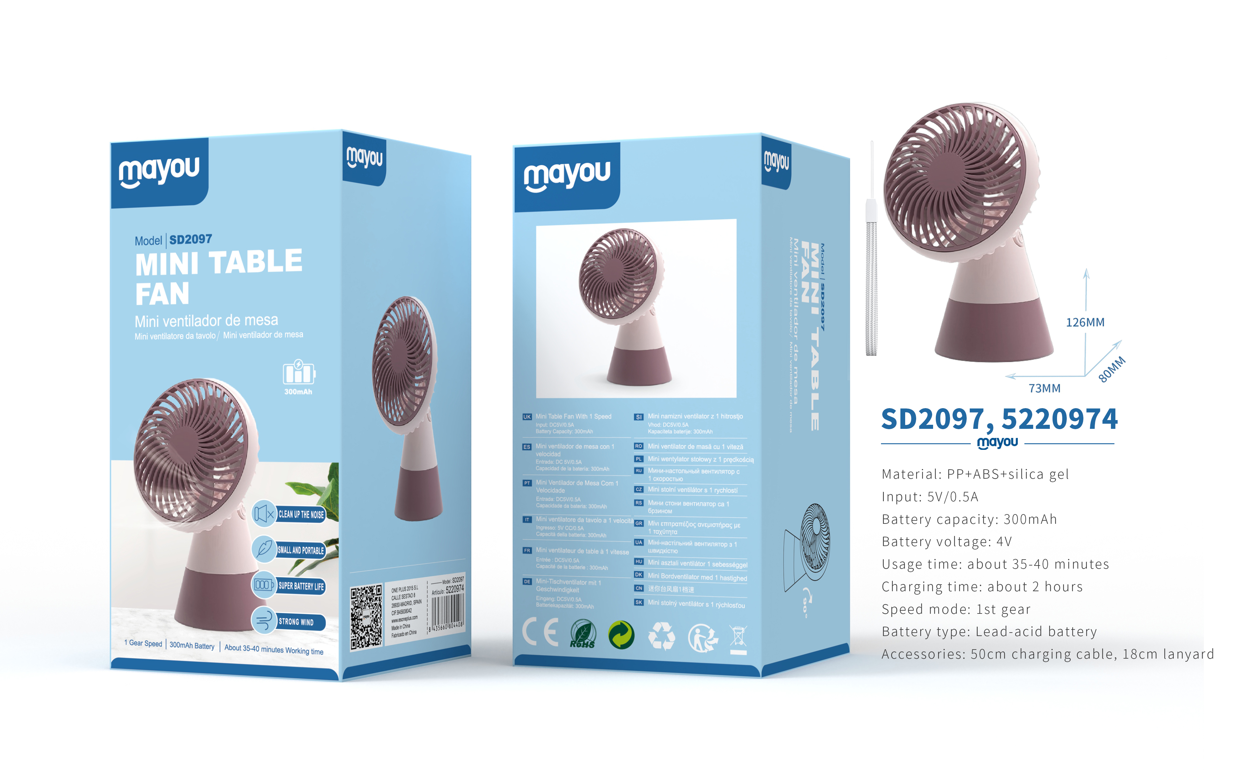 SD2097 Mini Ventilador de mesa con correa, 1 Velocidad, baterias recargable de plomo acido 300mAh, R