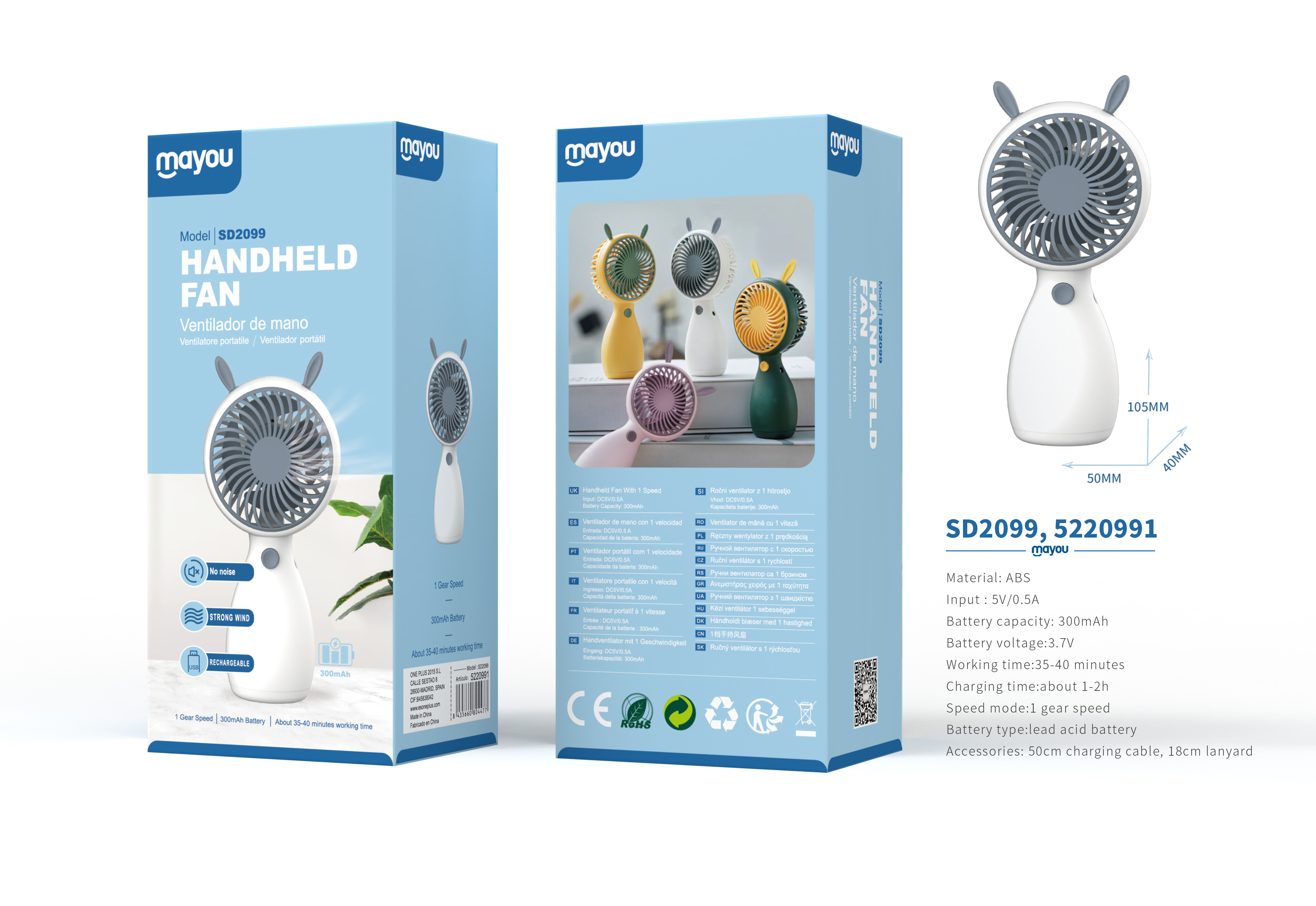 SD2099 Mini Ventilador de mano con correa, 1 Velocidad con correa, baterias recargable de plomo acid