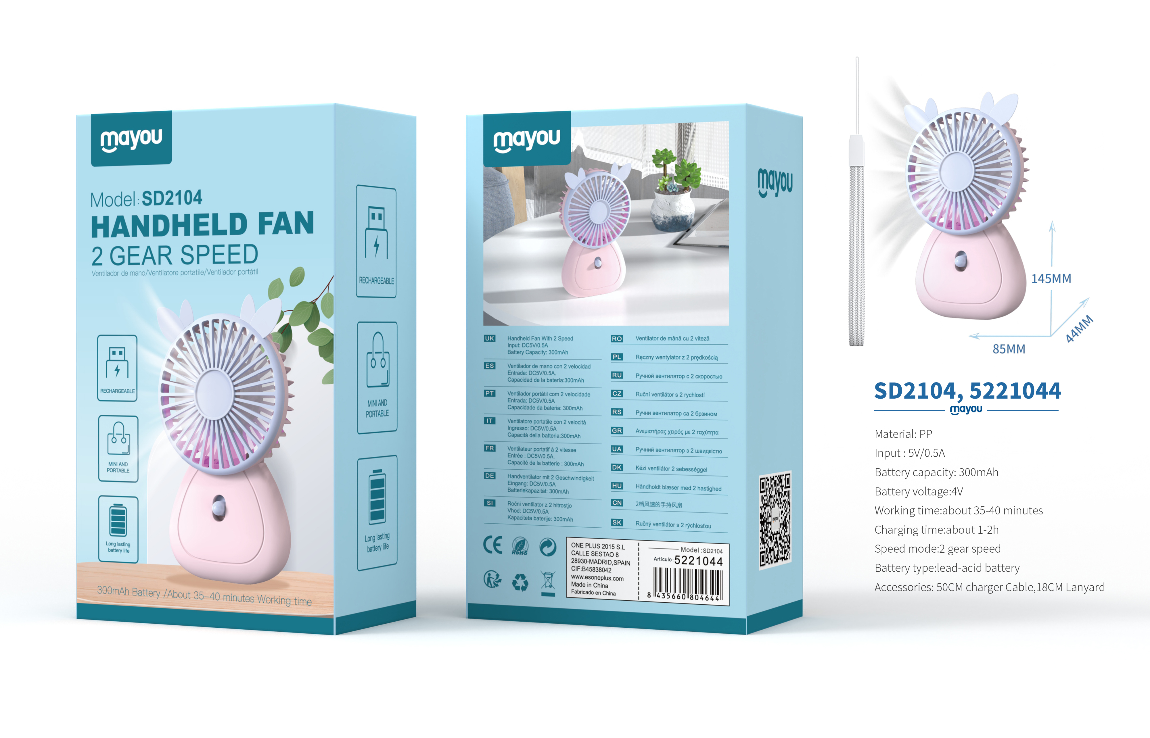 SD2104 Mini Ventilador de mano con correa, 2 Velocidades, baterias recargable de plomo acido 300mAh,