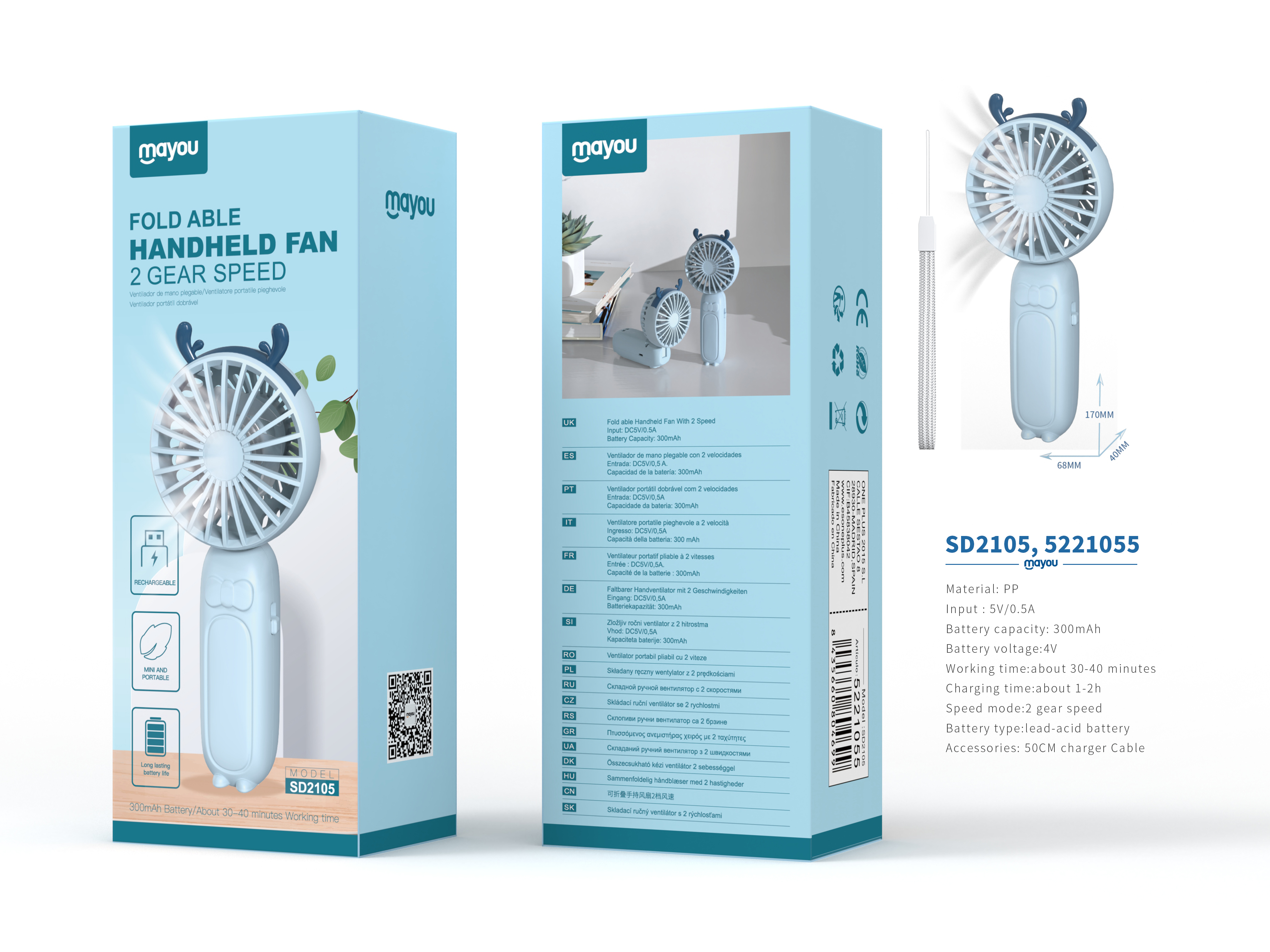 SD2105 Mini Ventilador de mano plegable, 2 Velocidades, baterias recargable de plomo acido 300mAh, A