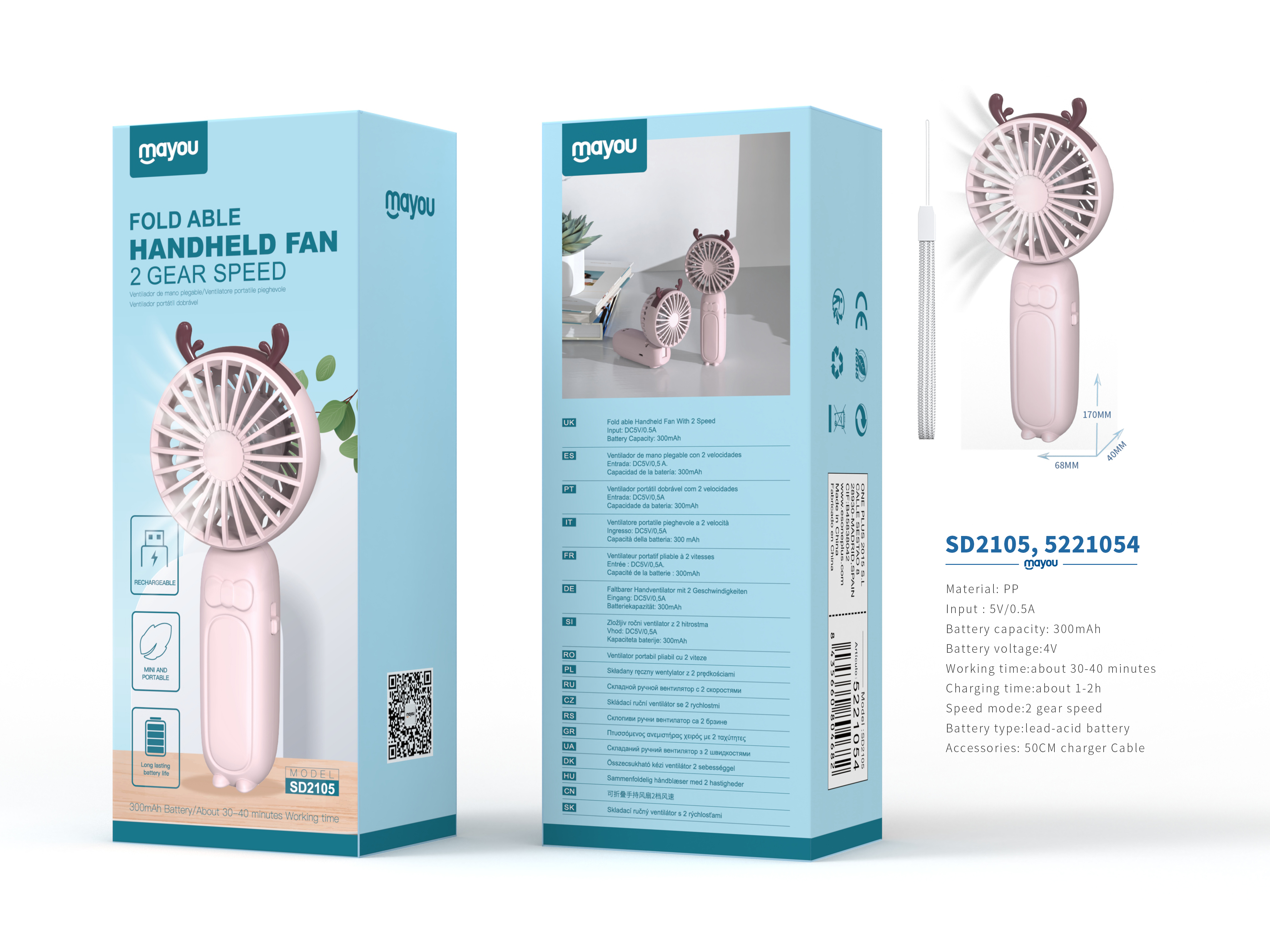 SD2105 Mini Ventilador de mano plegable, 2 Velocidades, baterias recargable de plomo acido 300mAh, R