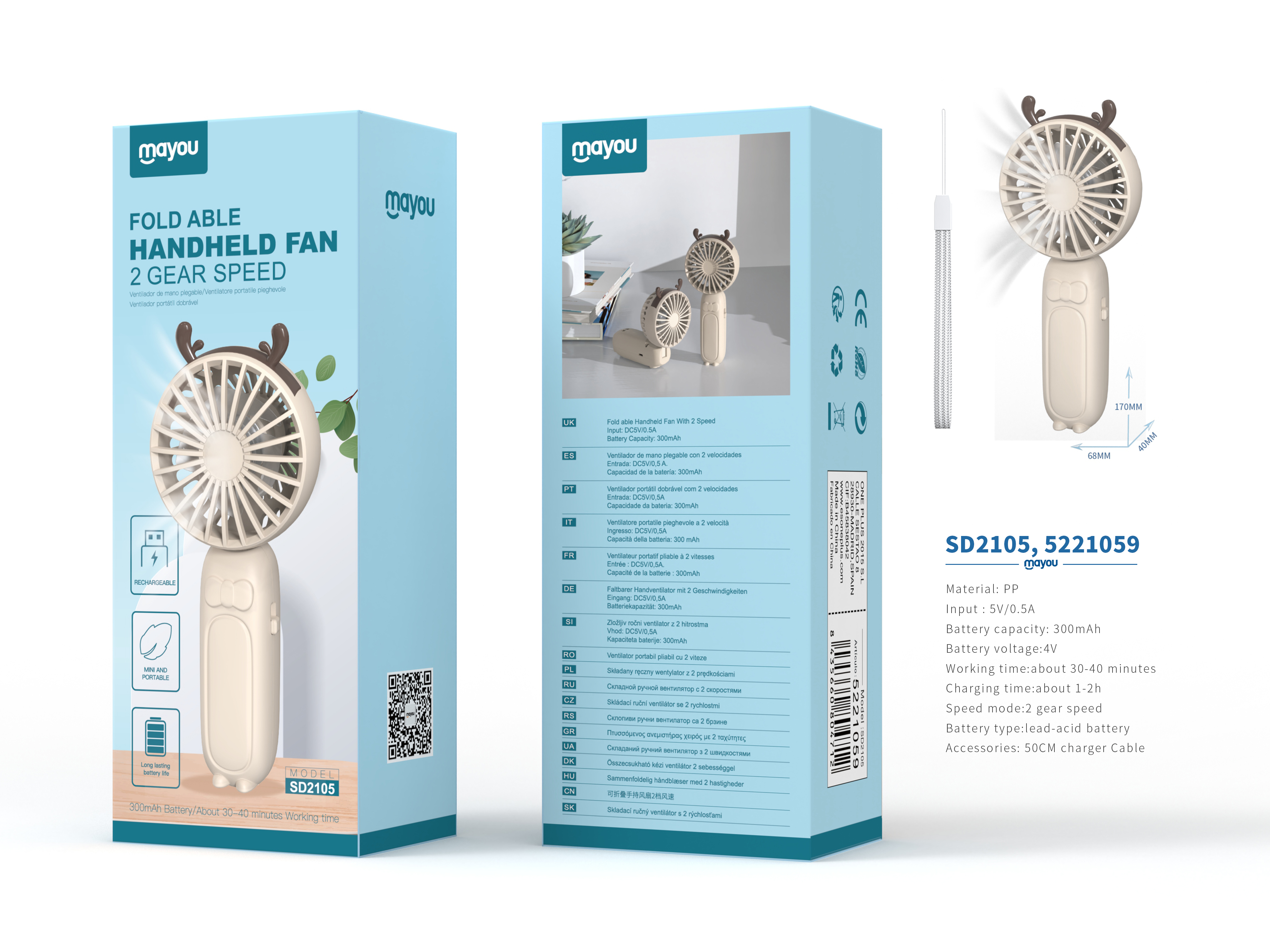 SD2105 Mini Ventilador de mano plegable, 2 Velocidades, baterias recargable de plomo acido 300mAh, b