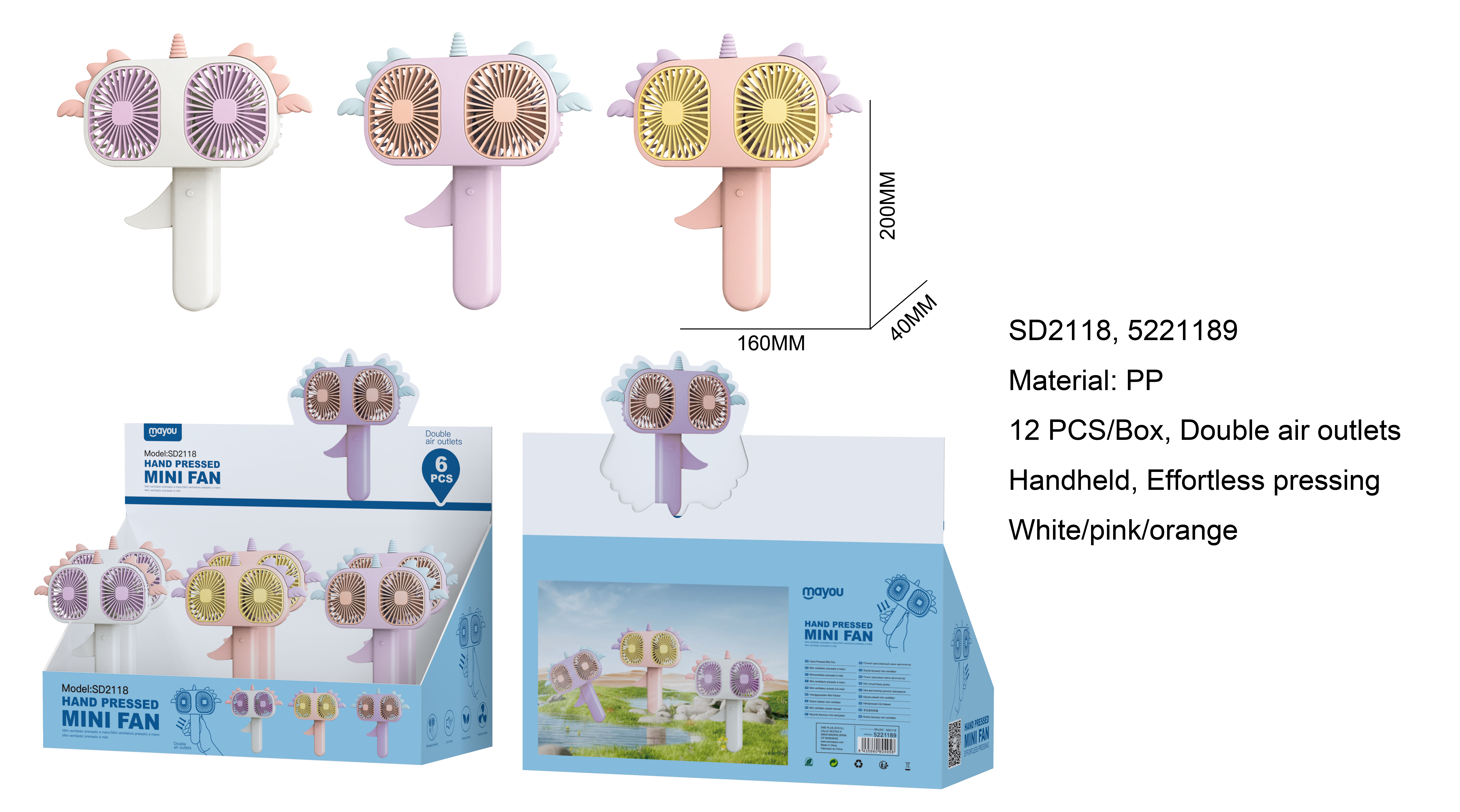 SD2118 Mini Ventilador manual, Doble ventilador,  Pack de 12, Se vende en Pack