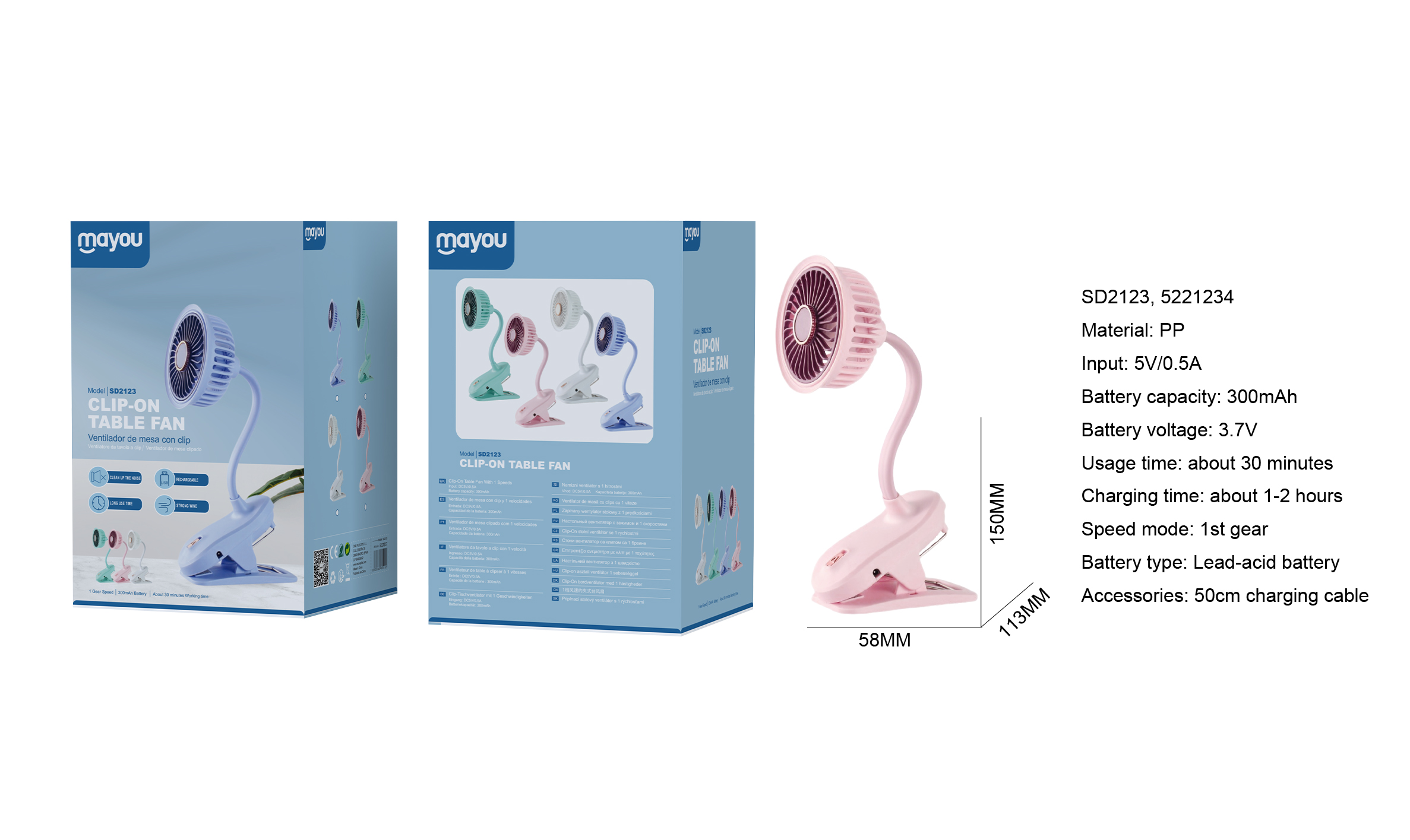 SD2123 Mini Ventilador de mesa con pinza y brazo flexible, 1 Velocidad, baterias recargable de plomo