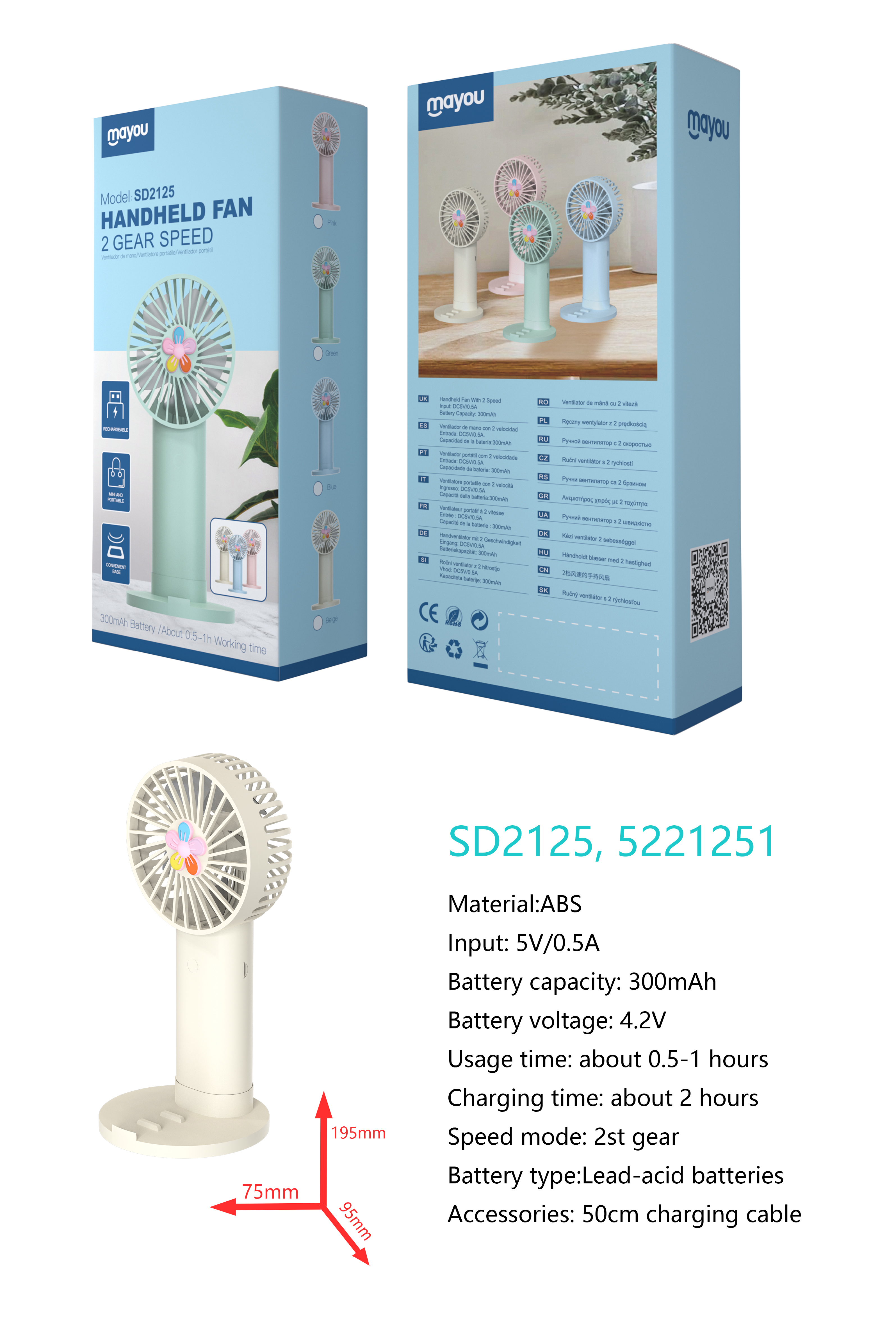 SD2125 Mini Ventilador de mesa, 2 Velocidades, baterias recargable de plomo acido 300mAh, Blanco