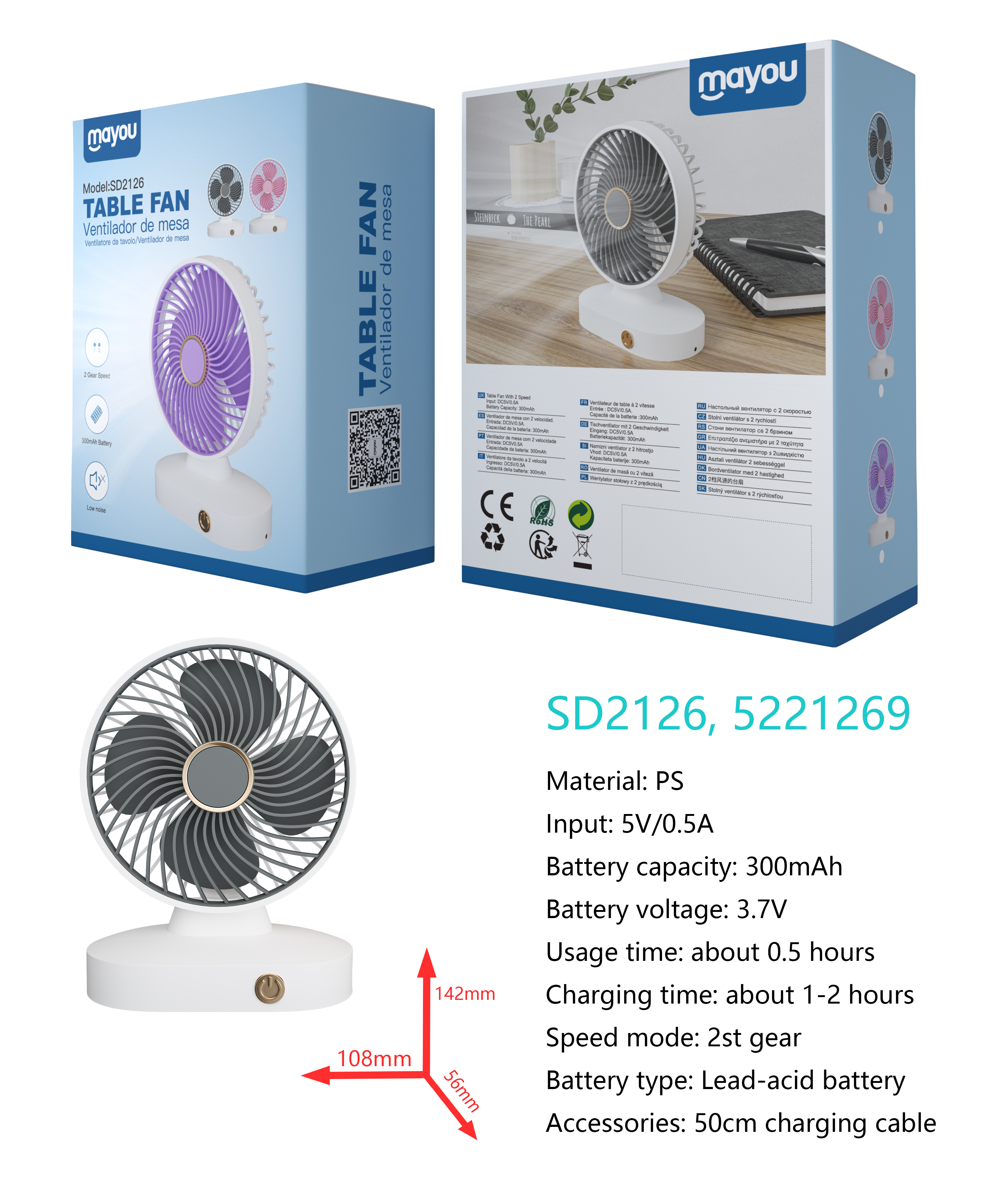 SD2126 Mini Ventilador de mesa, 2 Velocidades, baterias recargable de plomo acido 300mAh, Blanco+Gri