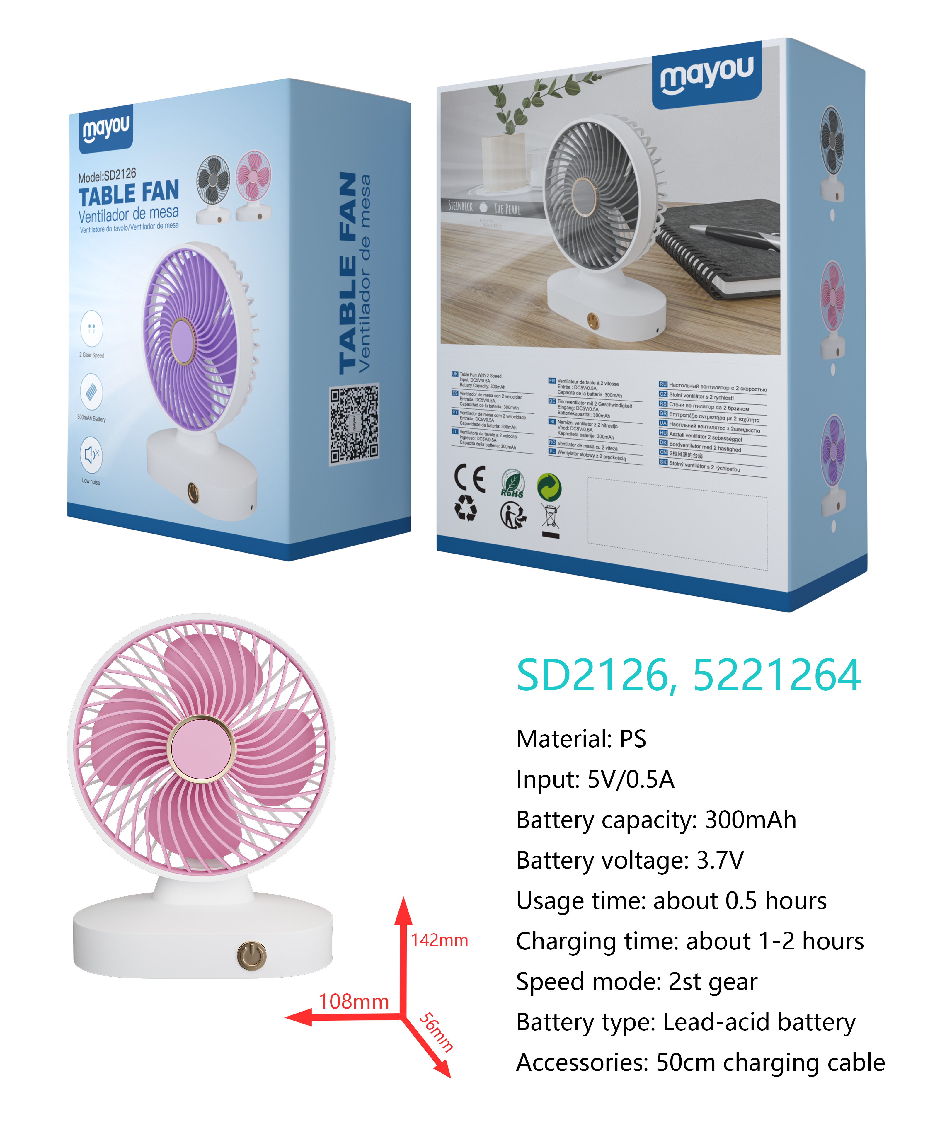 SD2126 Mini Ventilador de mesa, 2 Velocidades, baterias recargable de plomo acido 300mAh, Blanco+Ros