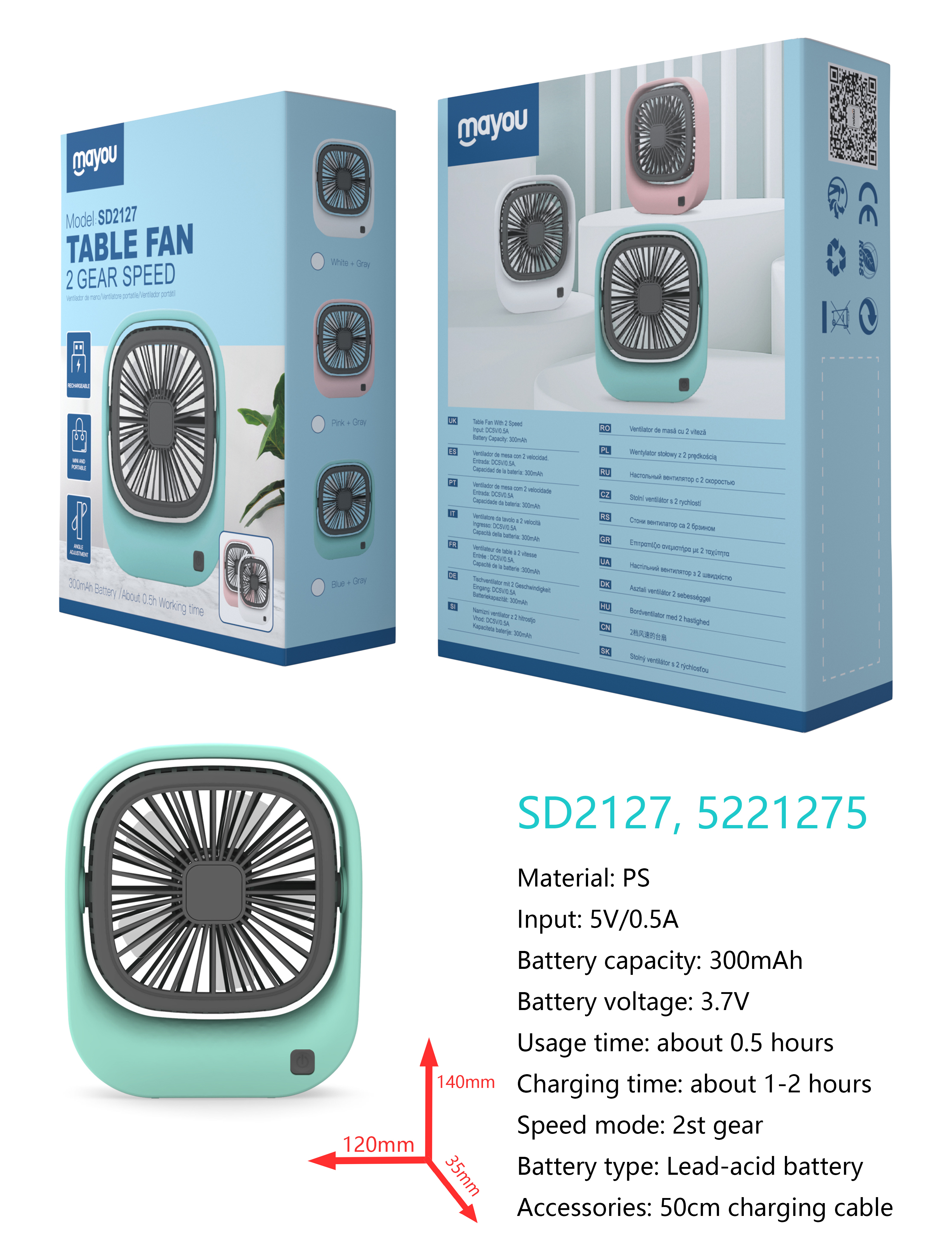 SD2127 Mini Ventilador de mesa, 2 Velocidades, baterias recargable de plomo acido 300mAh, Azul+Gris