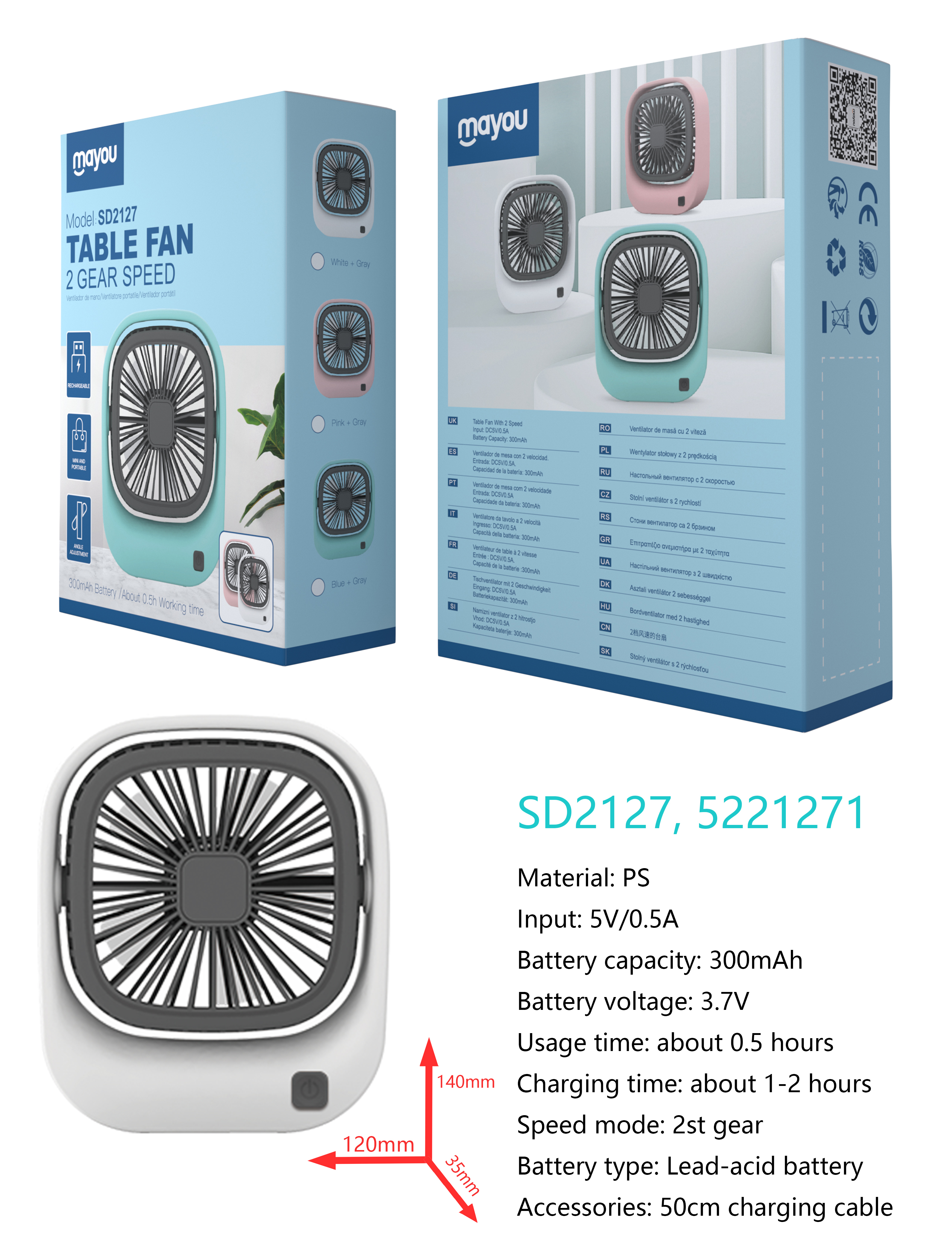 SD2127 Mini Ventilador de mesa, 2 Velocidades, baterias recargable de plomo acido 300mAh, Blanco+Gri