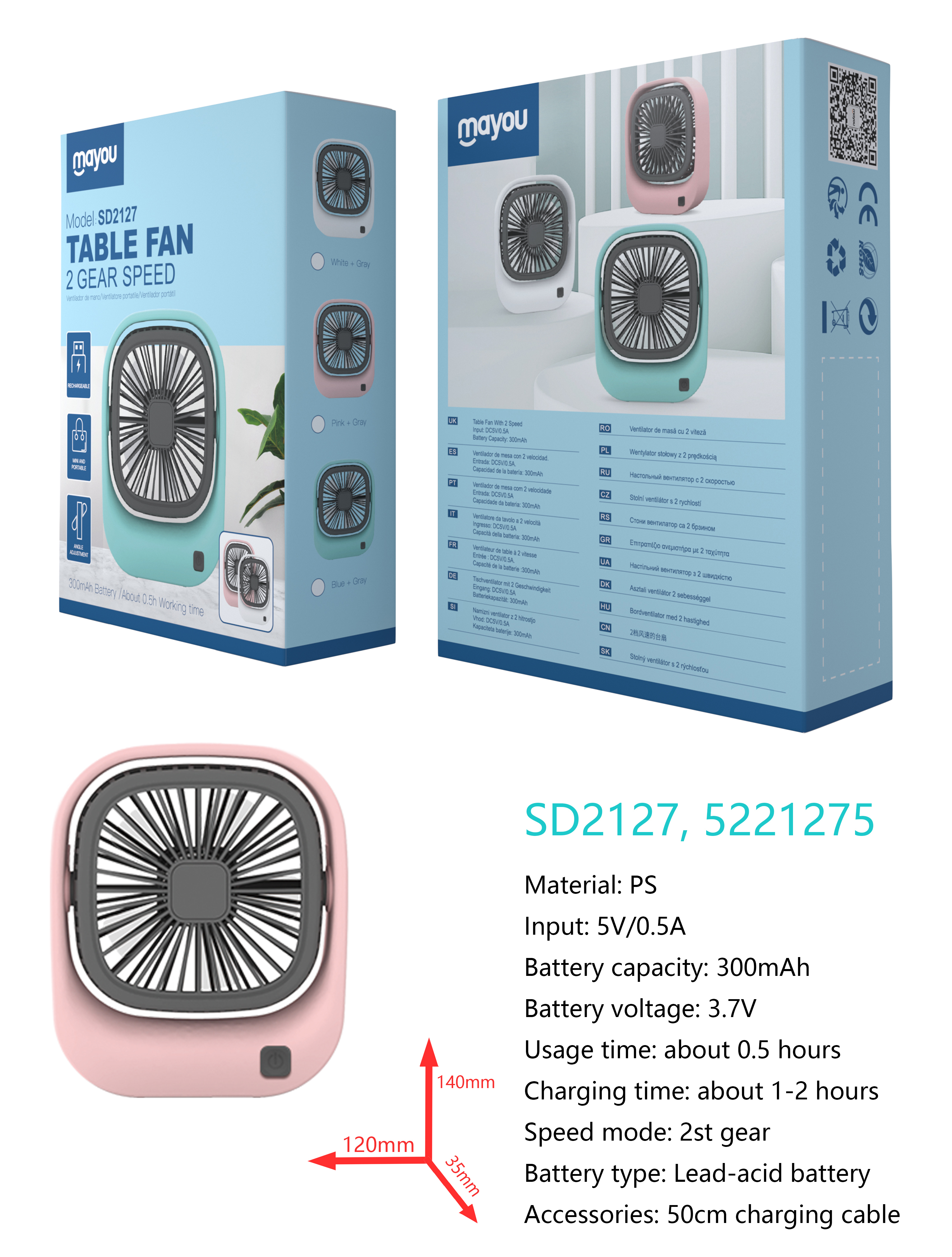 SD2127 Mini Ventilador de mesa, 2 Velocidades, baterias recargable de plomo acido 300mAh, Rosa+Gris