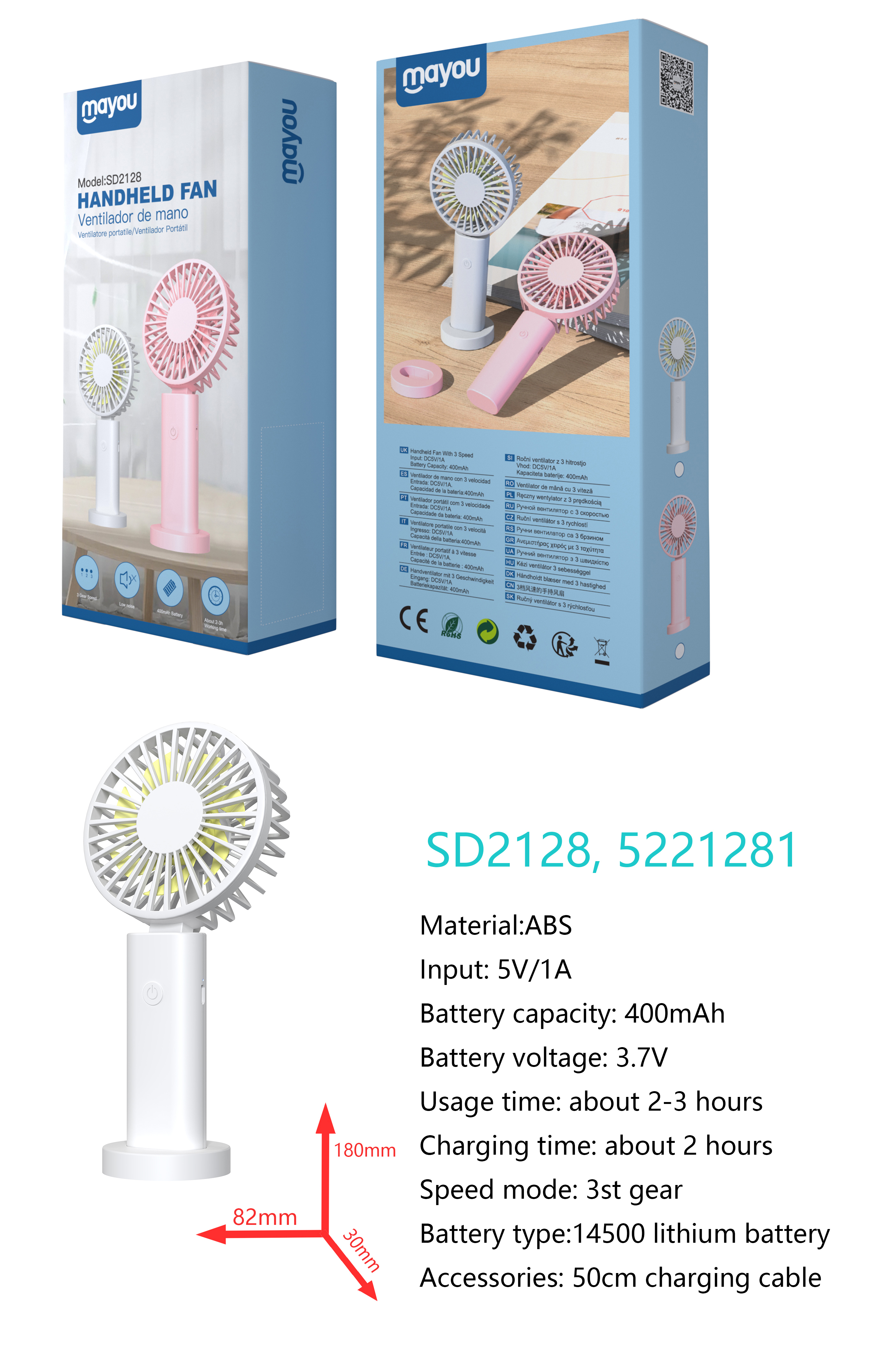 SD2128 Mini Ventilador 2 en 1(mano y con soporte de mesa), 3 Velocidades, baterias recargable de Lit