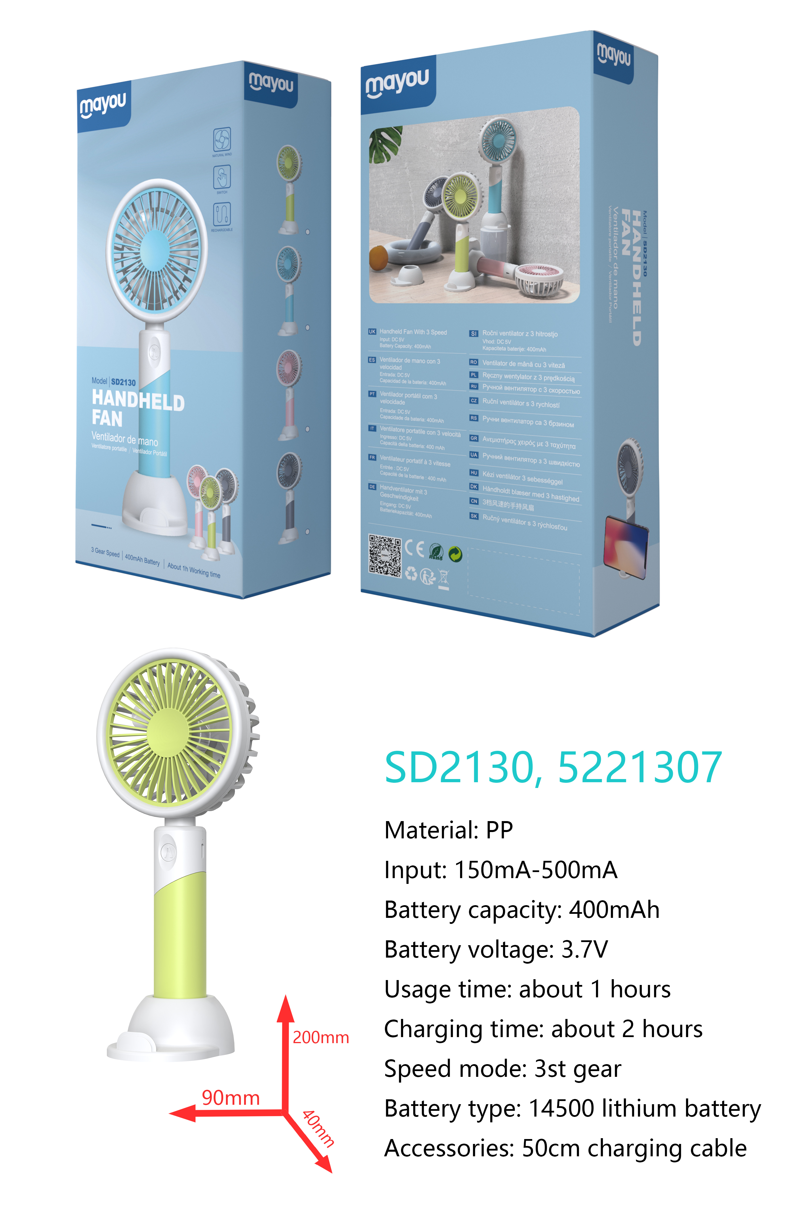 SD2130 Mini Ventilador 2 en 1(mano y con soporte de mesa), 3 Velocidades, baterias recargable de Lit