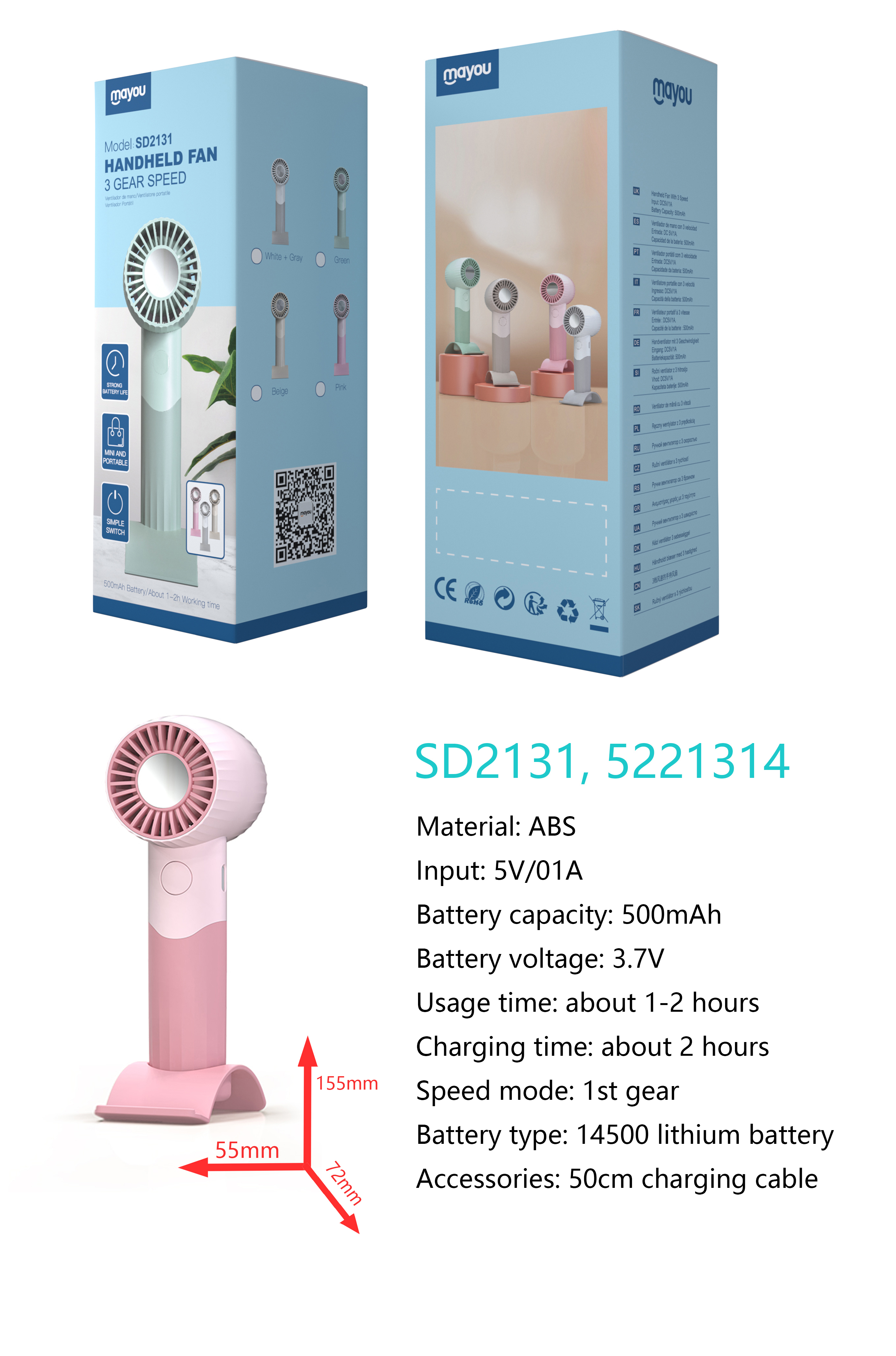 SD2131 Mini Ventilador 2 en 1(mano y con soporte de mesa), 1 Velocidades, baterias recargable de Lit